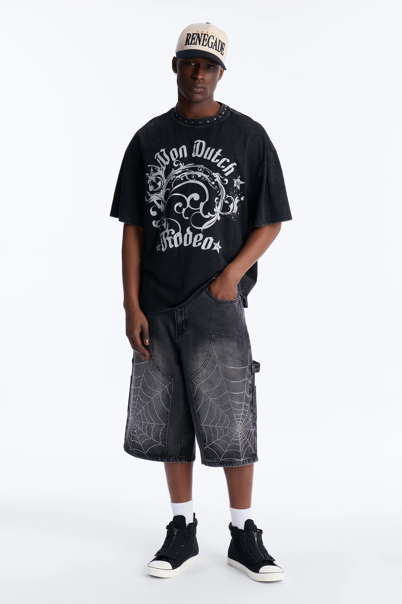 Baggy Jeweled Web Carpenter Denim Short - Black Wash - Image 2