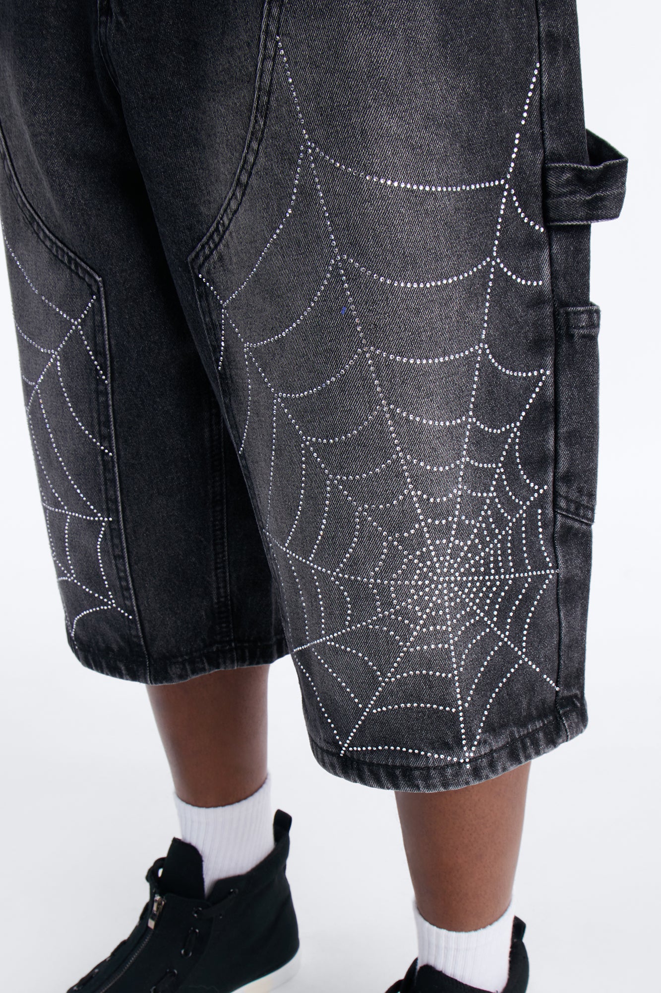 Baggy Jeweled Web Carpenter Denim Short - Black Wash - Image 5