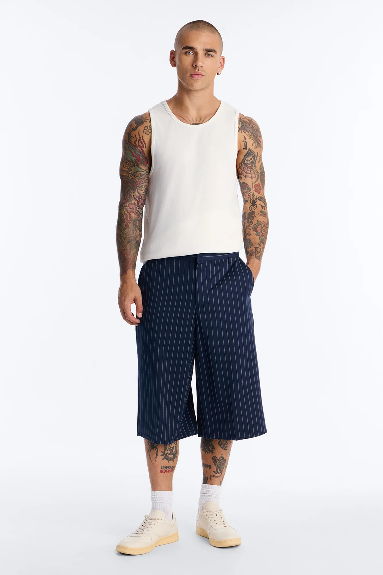 Baggy Striped Trouser Short - Navy - Image 2