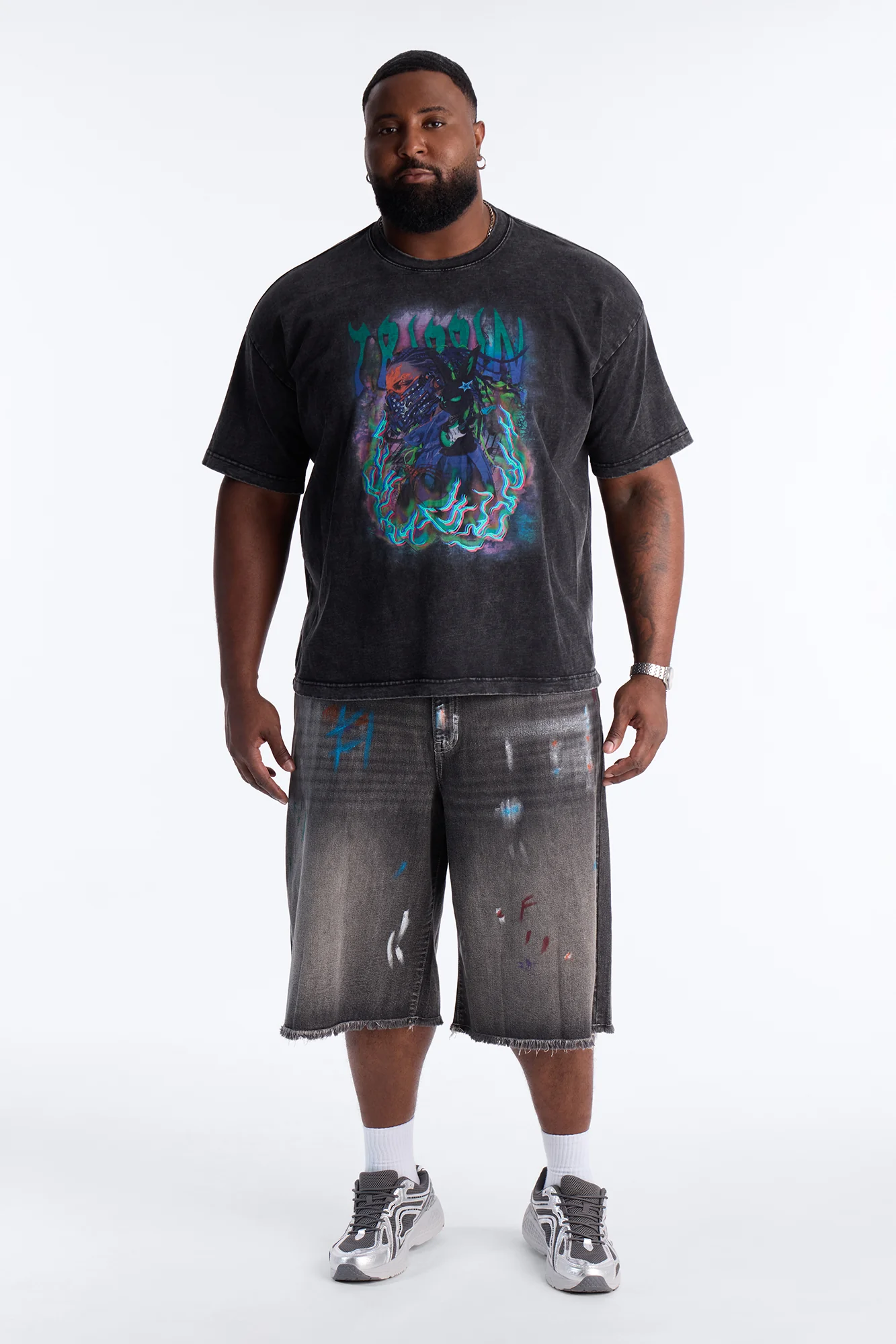 Baggy Vandal Drip Denim Short - Black Wash - Image 6