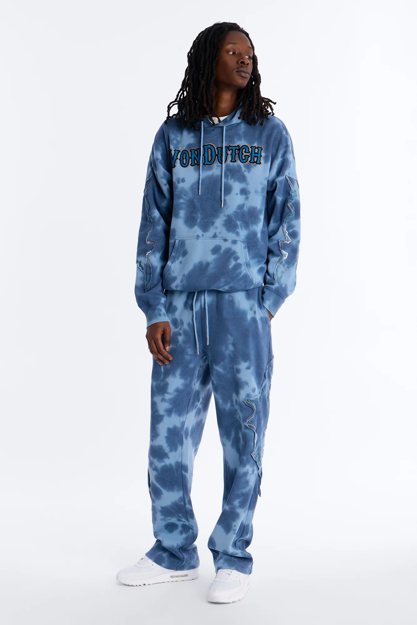 Baggy Von Dutch Outlaw Bleach Dyed Raw Edge Sweatpants - Blue - Image 2