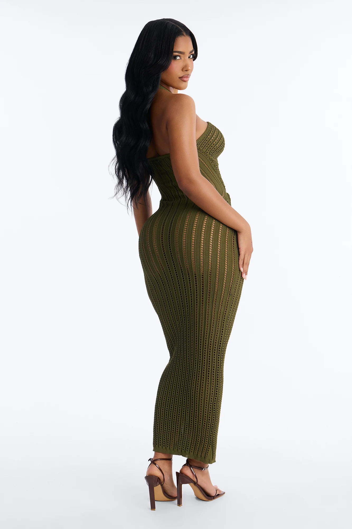Bailey Halter Crochet Maxi Dress - Olive - Image 4