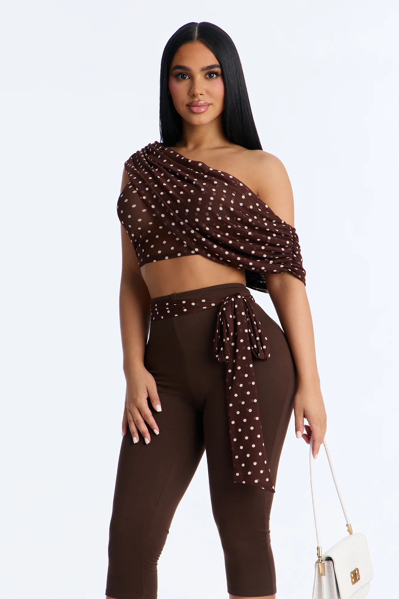 Bailey Off Shoulder Polka Dot Capri Set - Brown/combo - Image 2