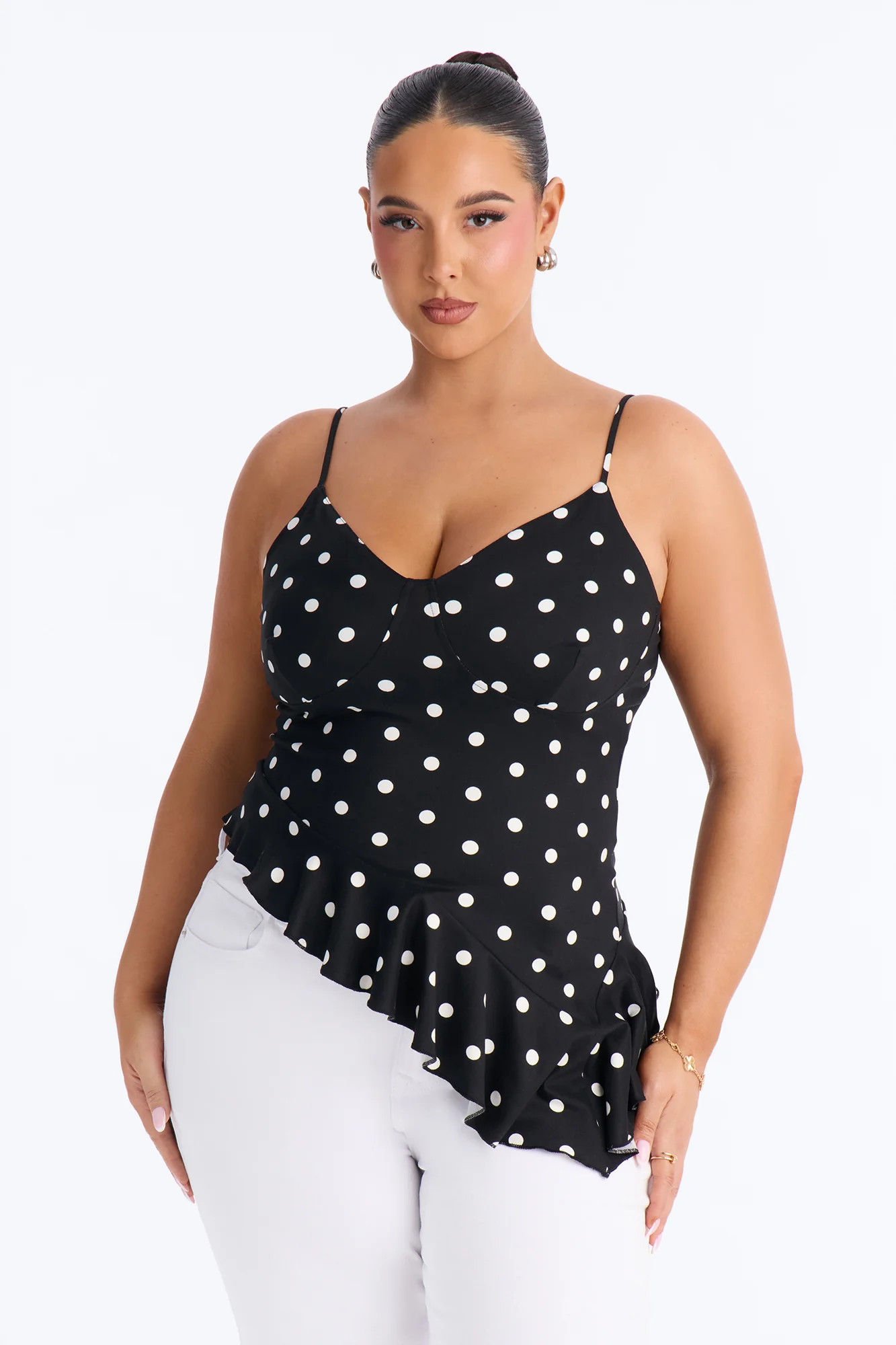Bailey Polka Dot Asymmetrical Ruffle Top - Black/combo - Image 4