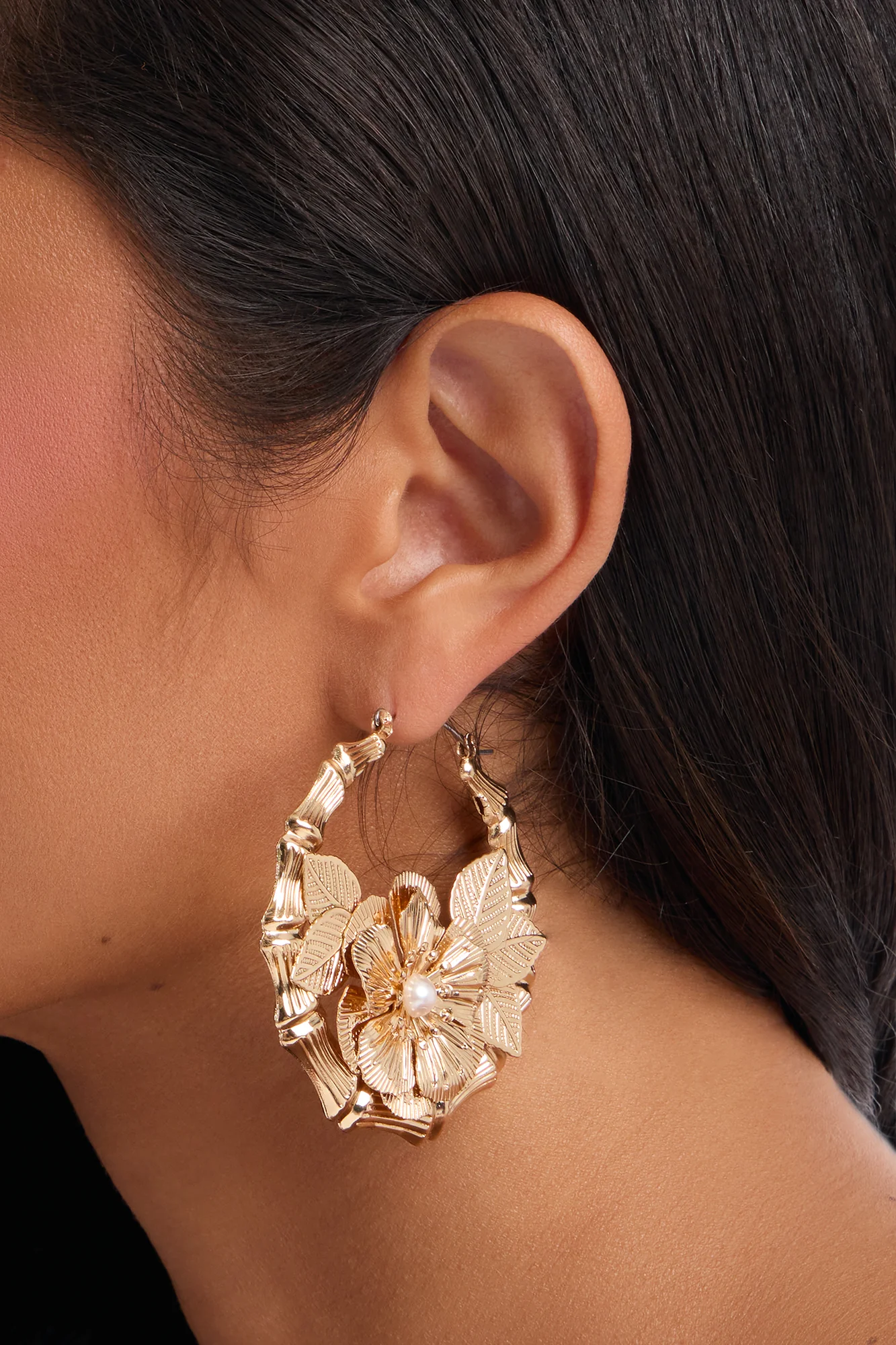 Bamboo Flower Hoop Earrings - Gold