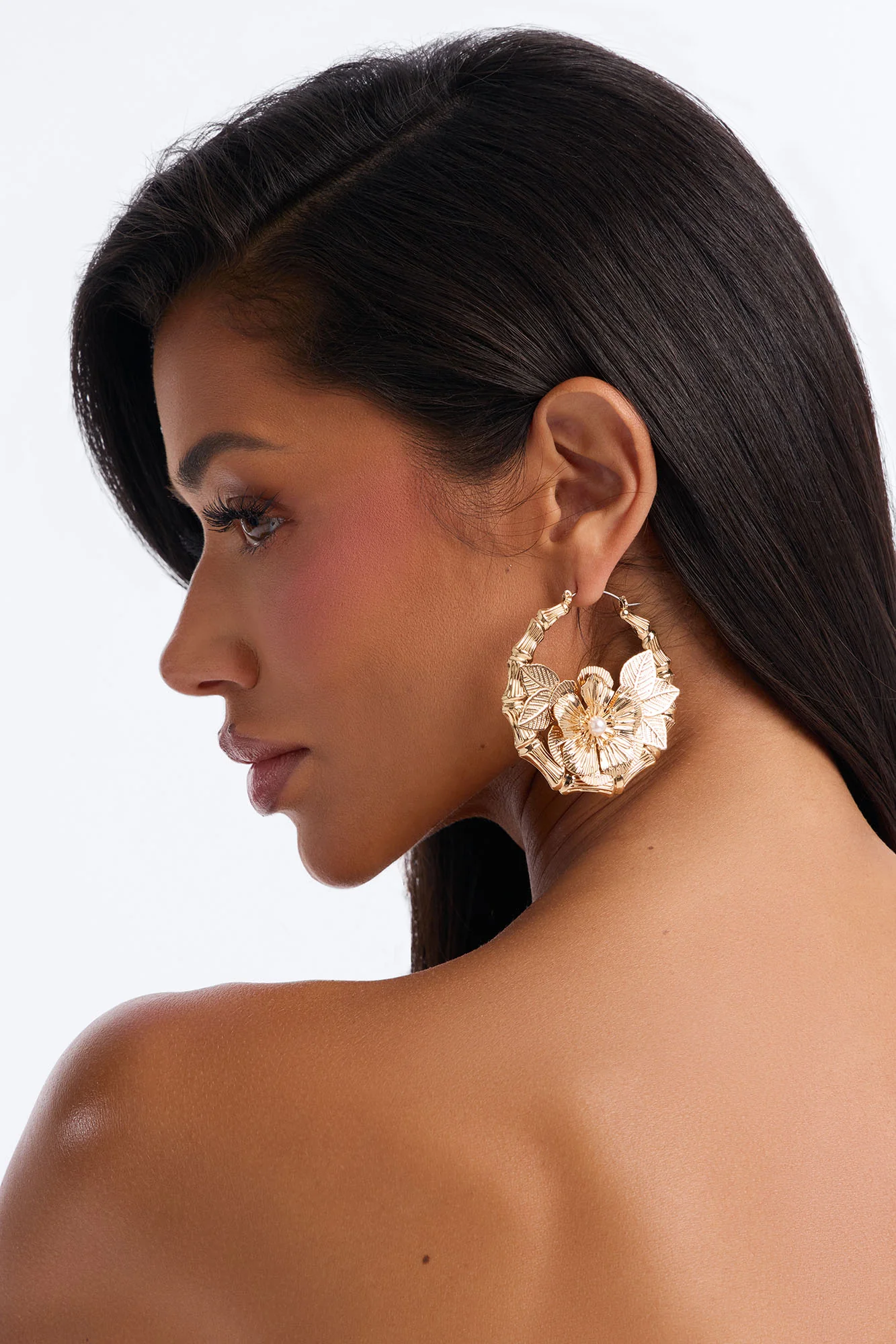 Bamboo Flower Hoop Earrings - Gold - Image 2