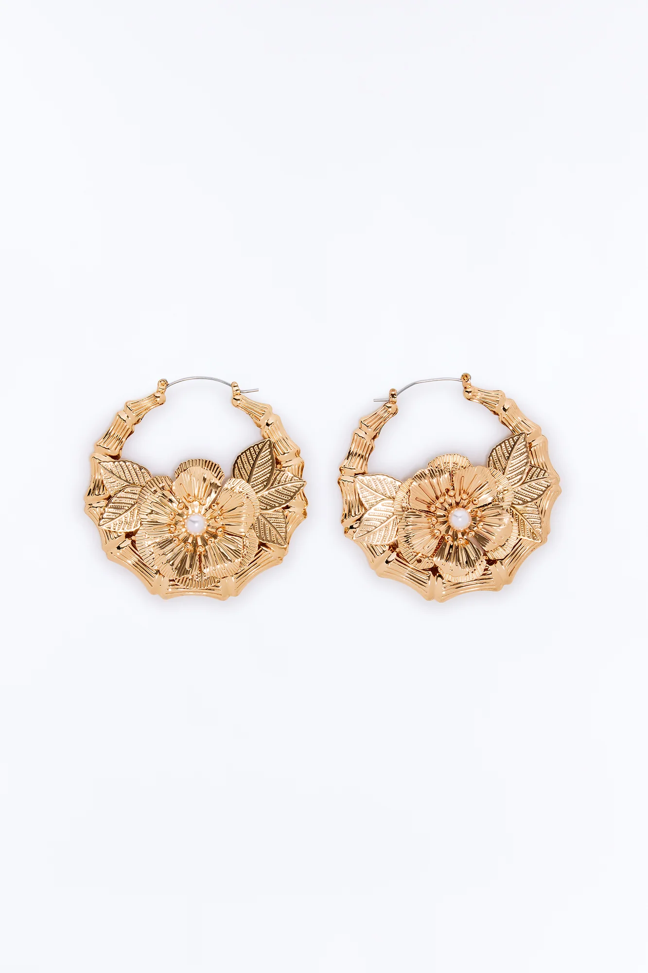 Bamboo Flower Hoop Earrings - Gold - Image 3