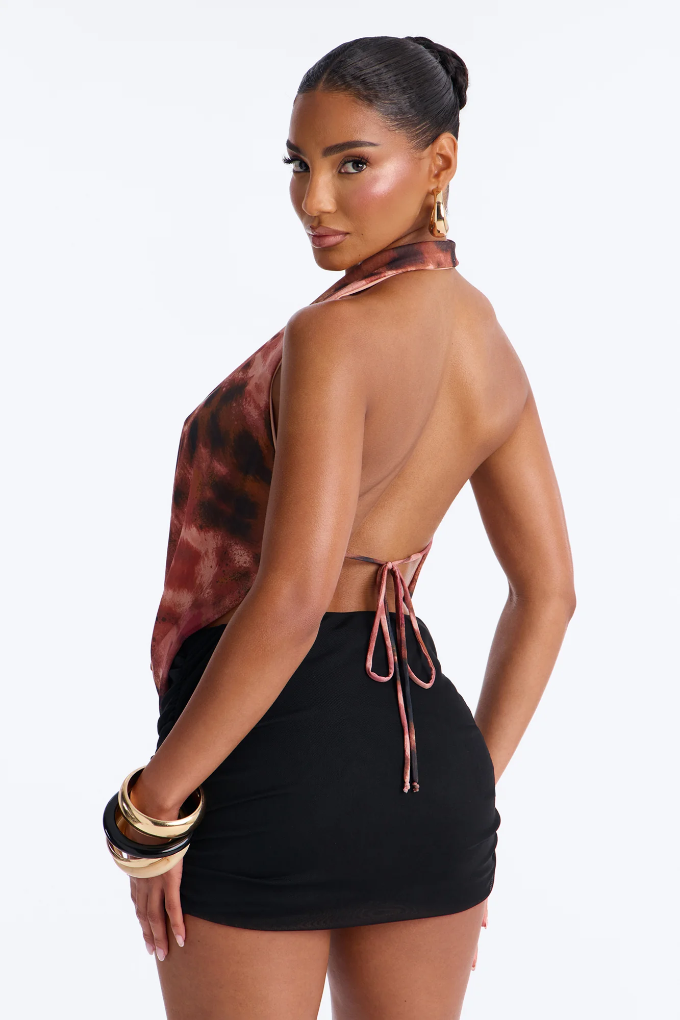 Barbados Mesh Deep Cowl Neck Halter Top - Pink/combo - Image 4