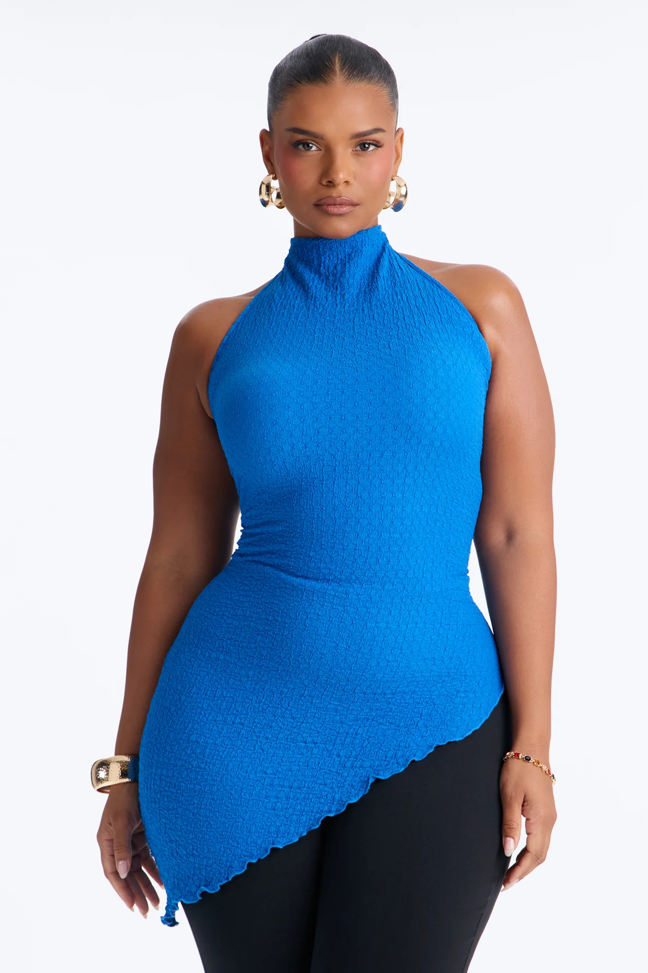 Barbados Textured Asymmetrical Halter Mock Neck Top - Royal - Image 5