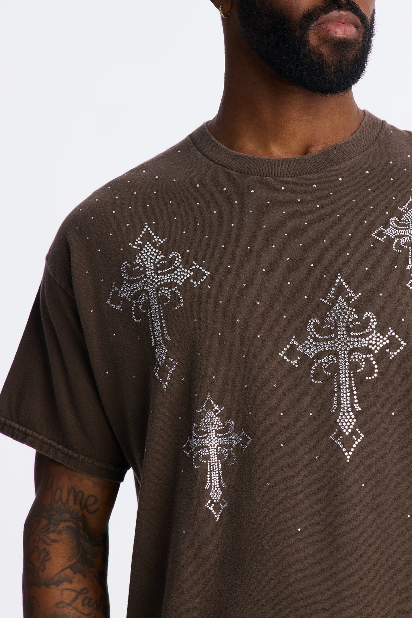 Bare The Cross Rhinestones Oversized Short Sleeve Tee - Chocolate - Image 3