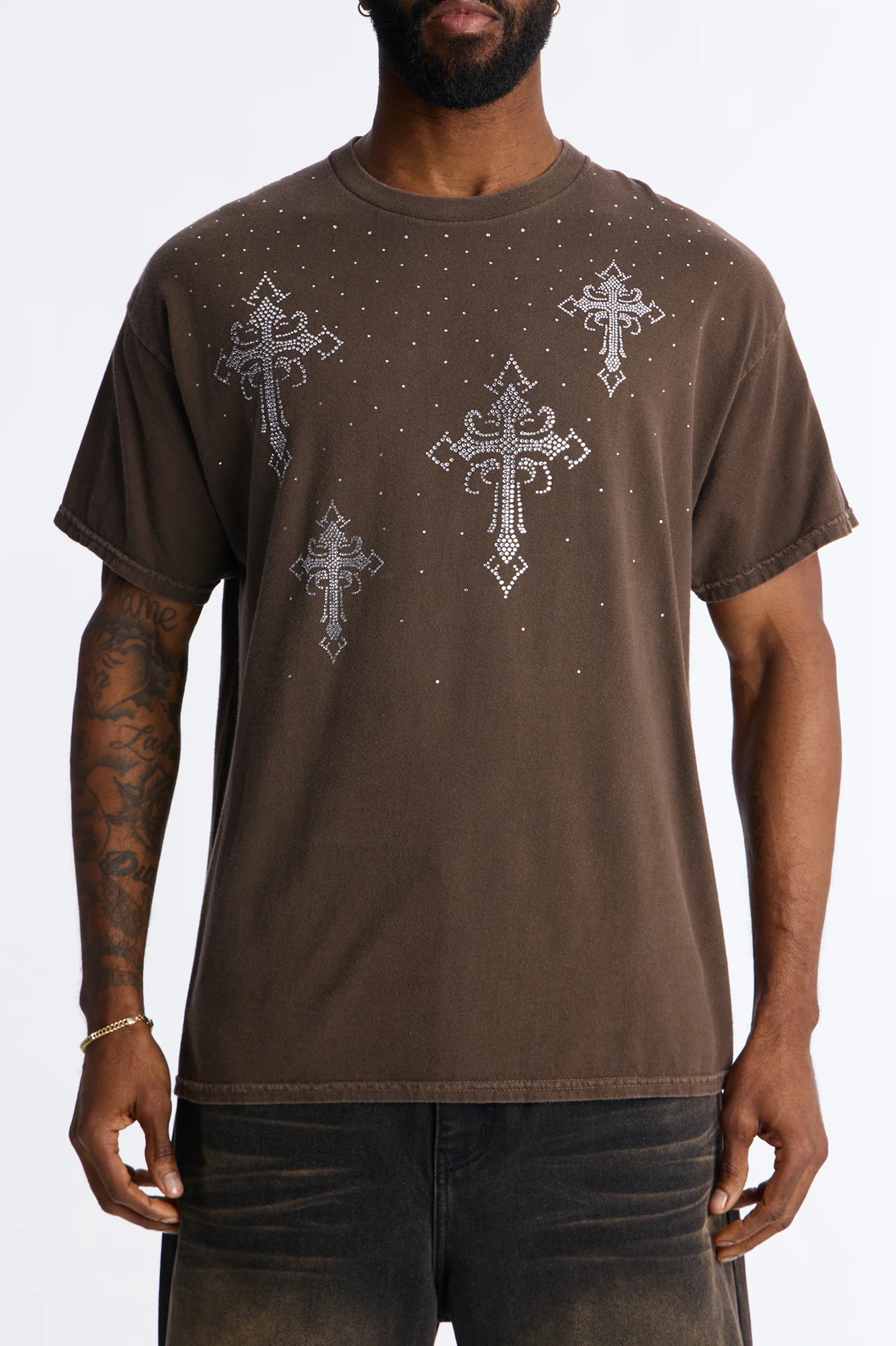 Bare The Cross Rhinestones Oversized Short Sleeve Tee - Chocolate - Image 4