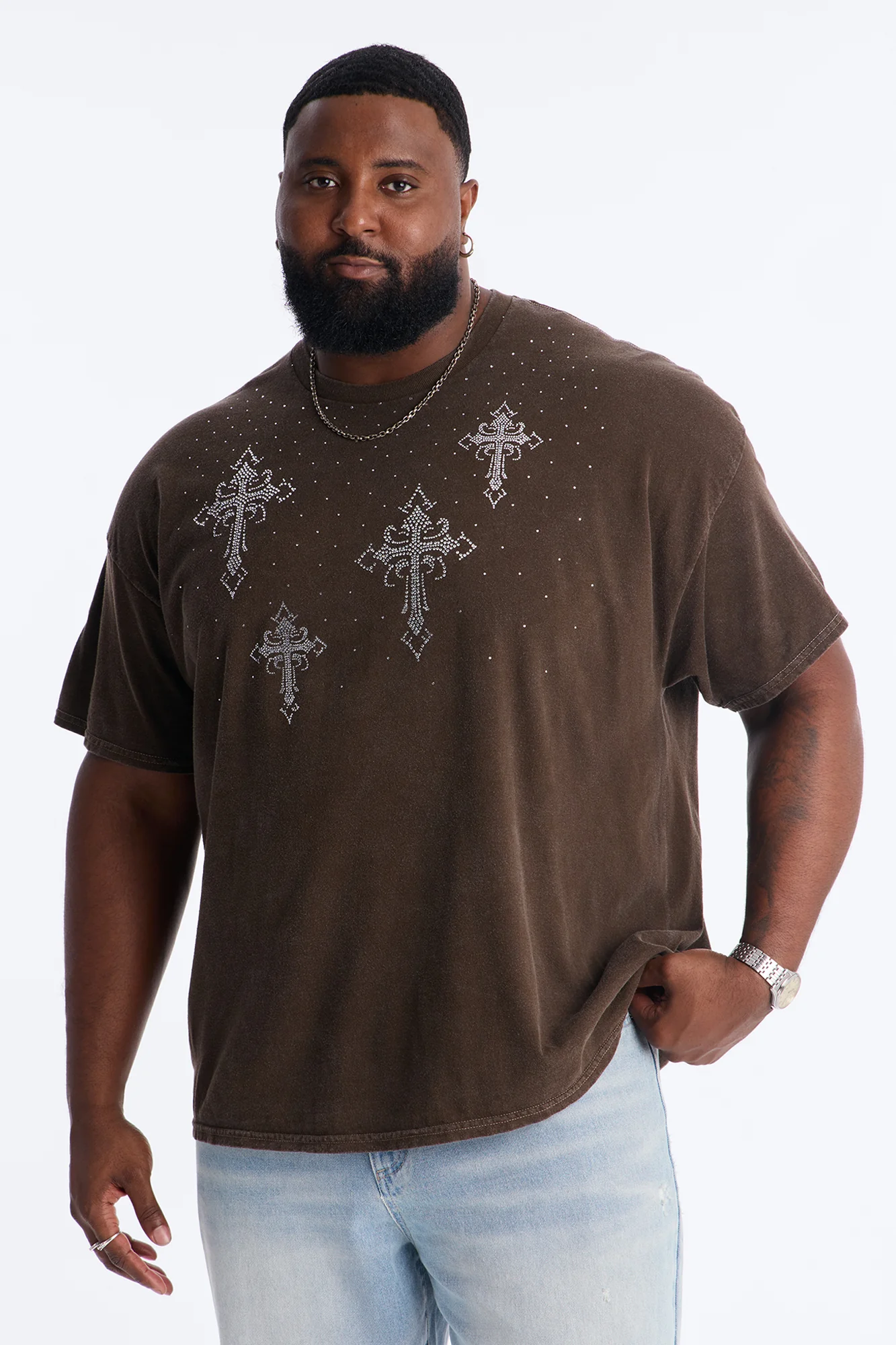 Bare The Cross Rhinestones Oversized Short Sleeve Tee - Chocolate - Image 5