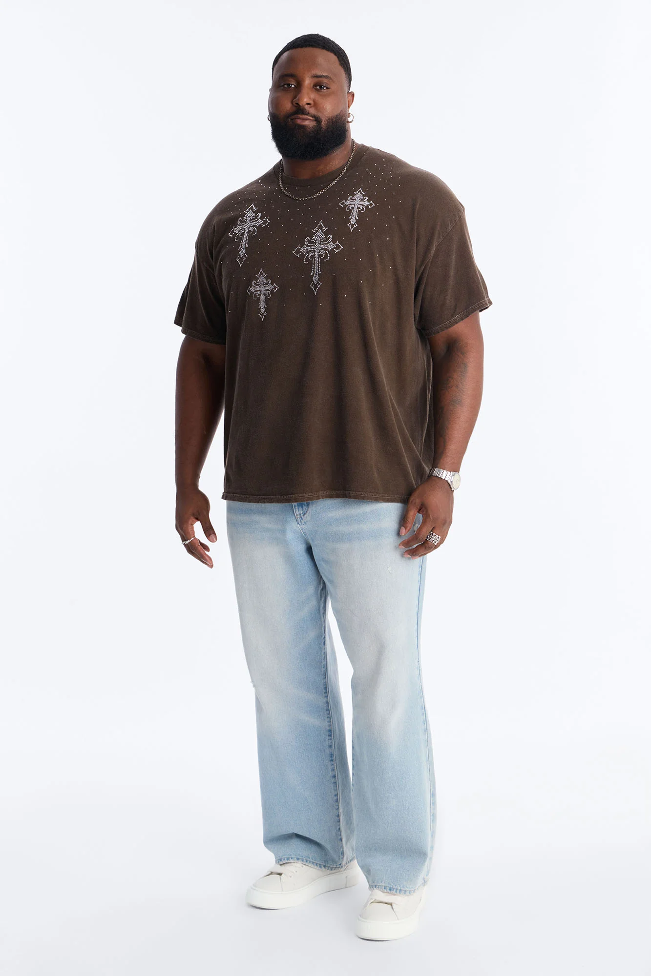 Bare The Cross Rhinestones Oversized Short Sleeve Tee - Chocolate - Image 6
