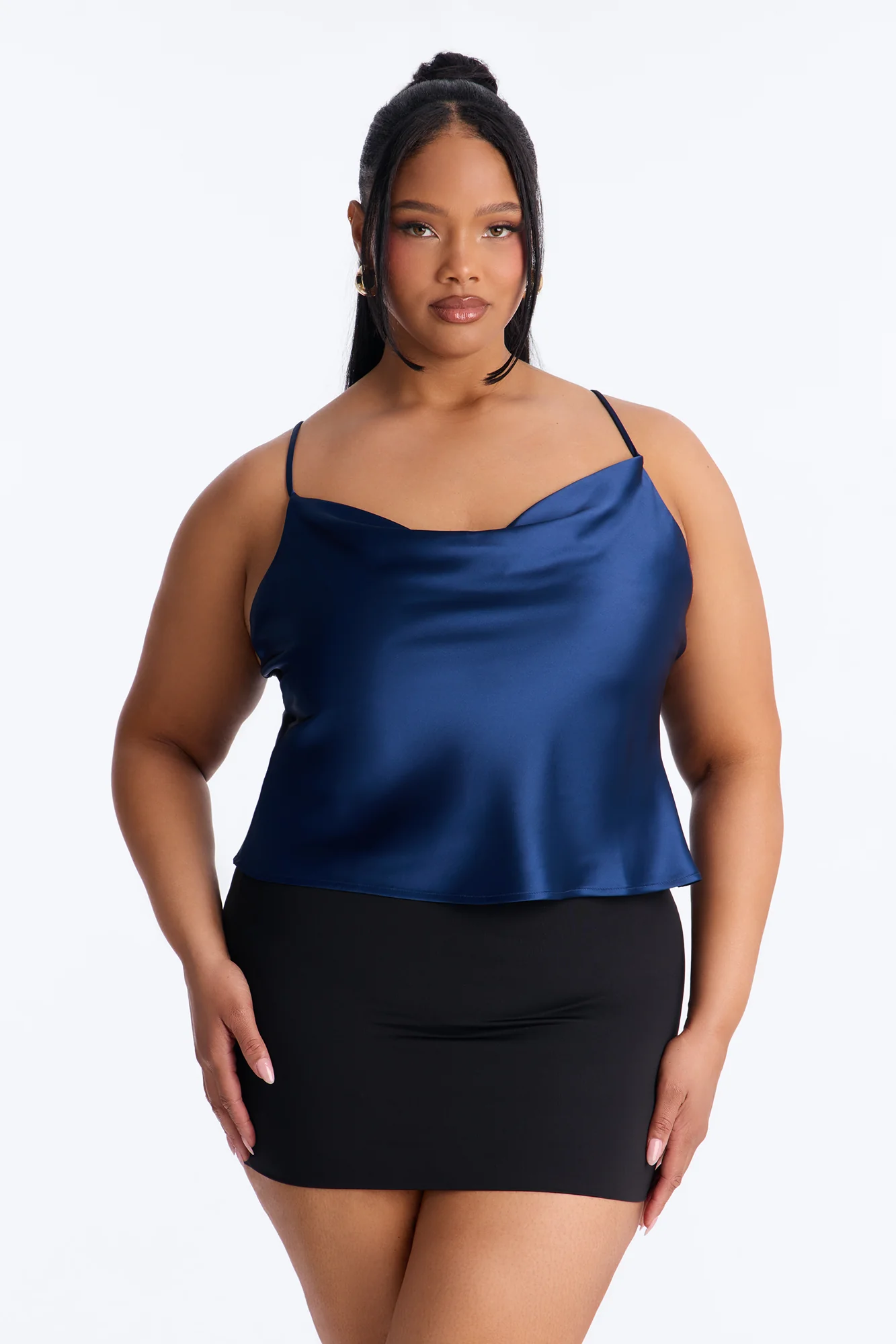 Barely There Cowl Neck Satin Cami Top - Navy - Image 5
