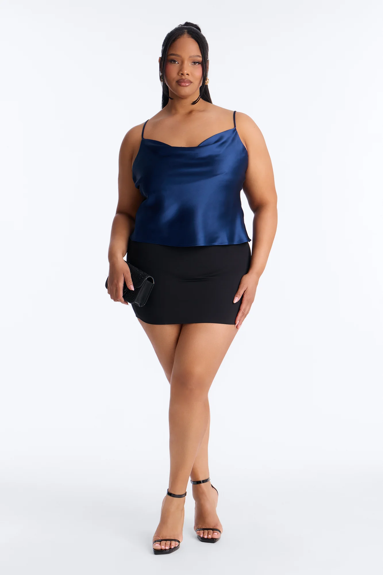 Barely There Cowl Neck Satin Cami Top - Navy - Image 6