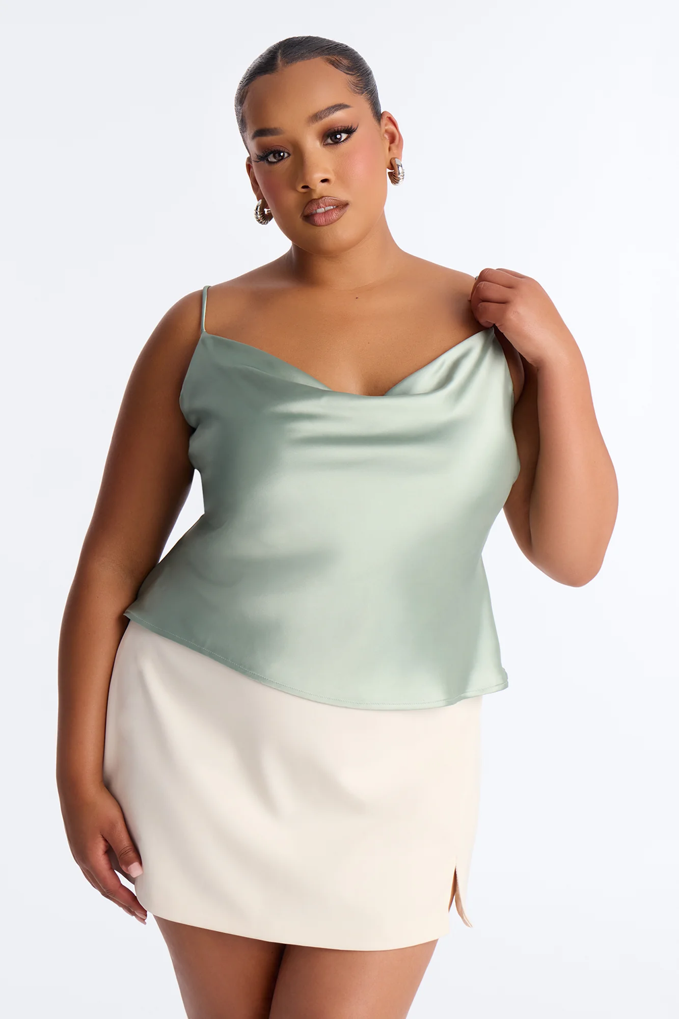 Barely There Cowl Neck Satin Cami Top - Sage - Image 5