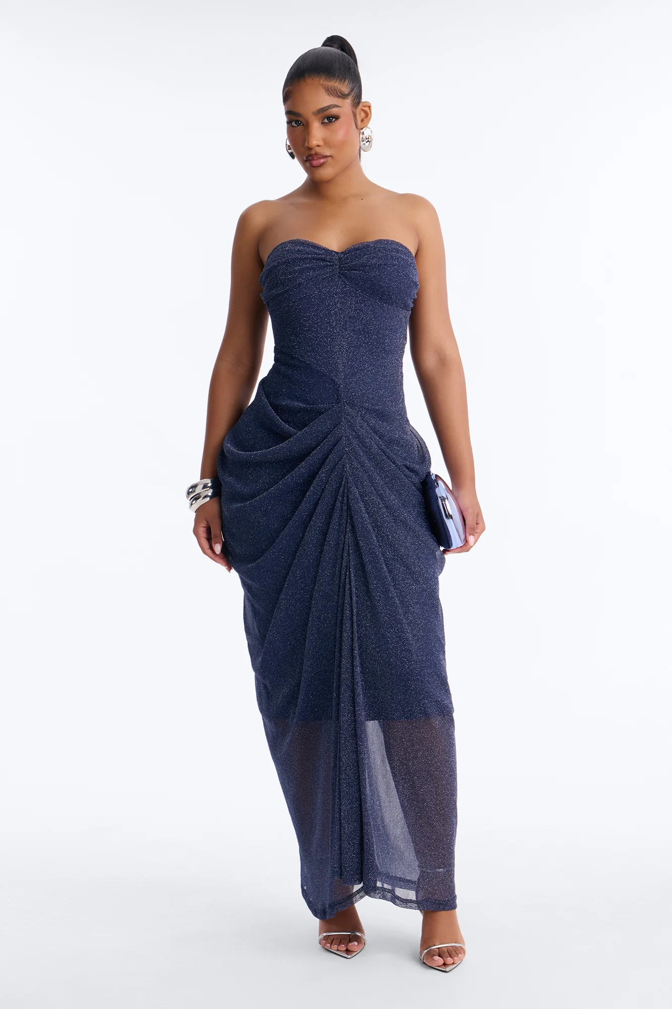 Be My Guest Draped Metallic Gown - Navy