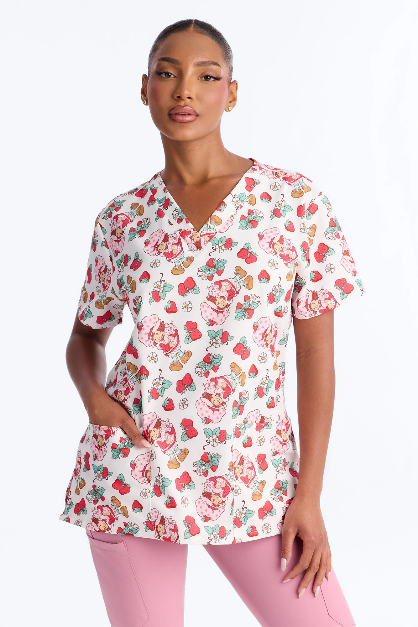 Be My Shortcake Floral V-Neck Scrub Top - White/combo
