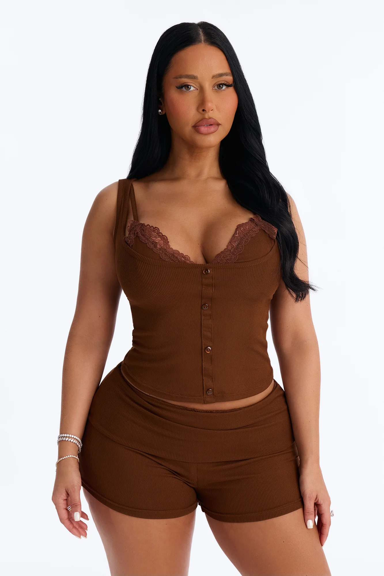 Be With Me Ribbed PJ Short Set - Chocolate