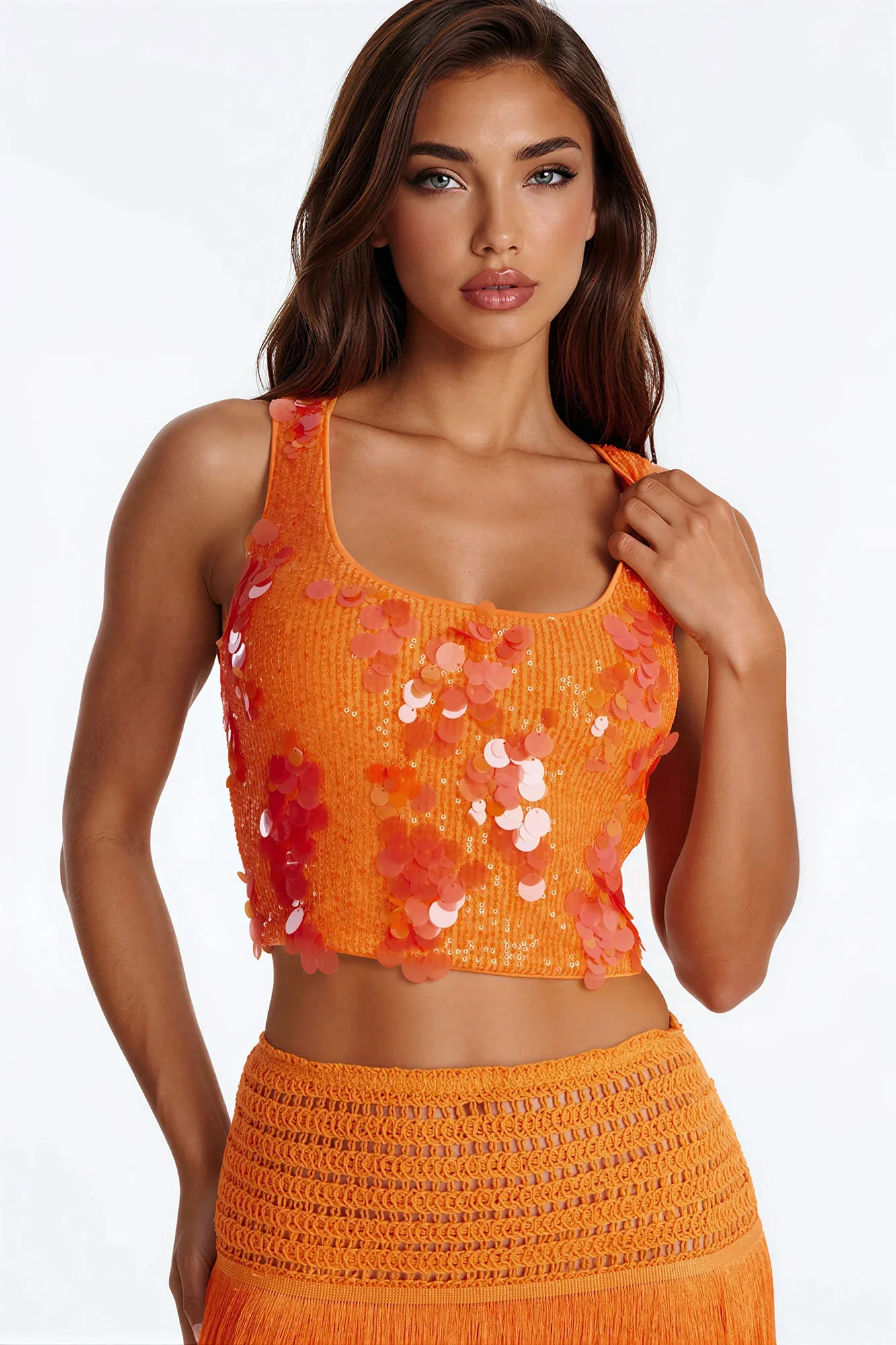 Beach Getaway Sequin Scoop Neck Top - Orange