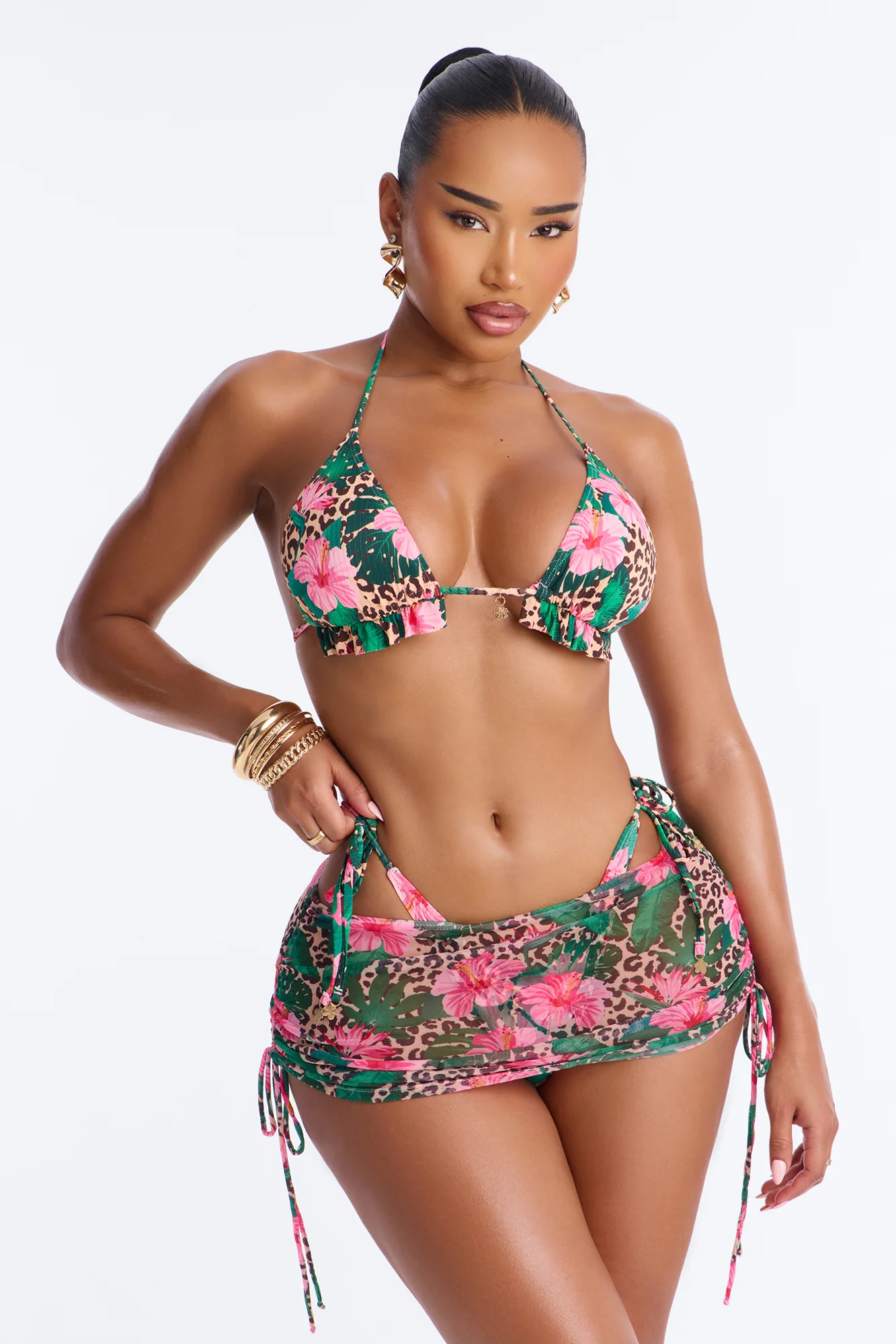 Beach Me Up 3 Piece Bikini & Mini Skirt Set - Green/combo - Image 2