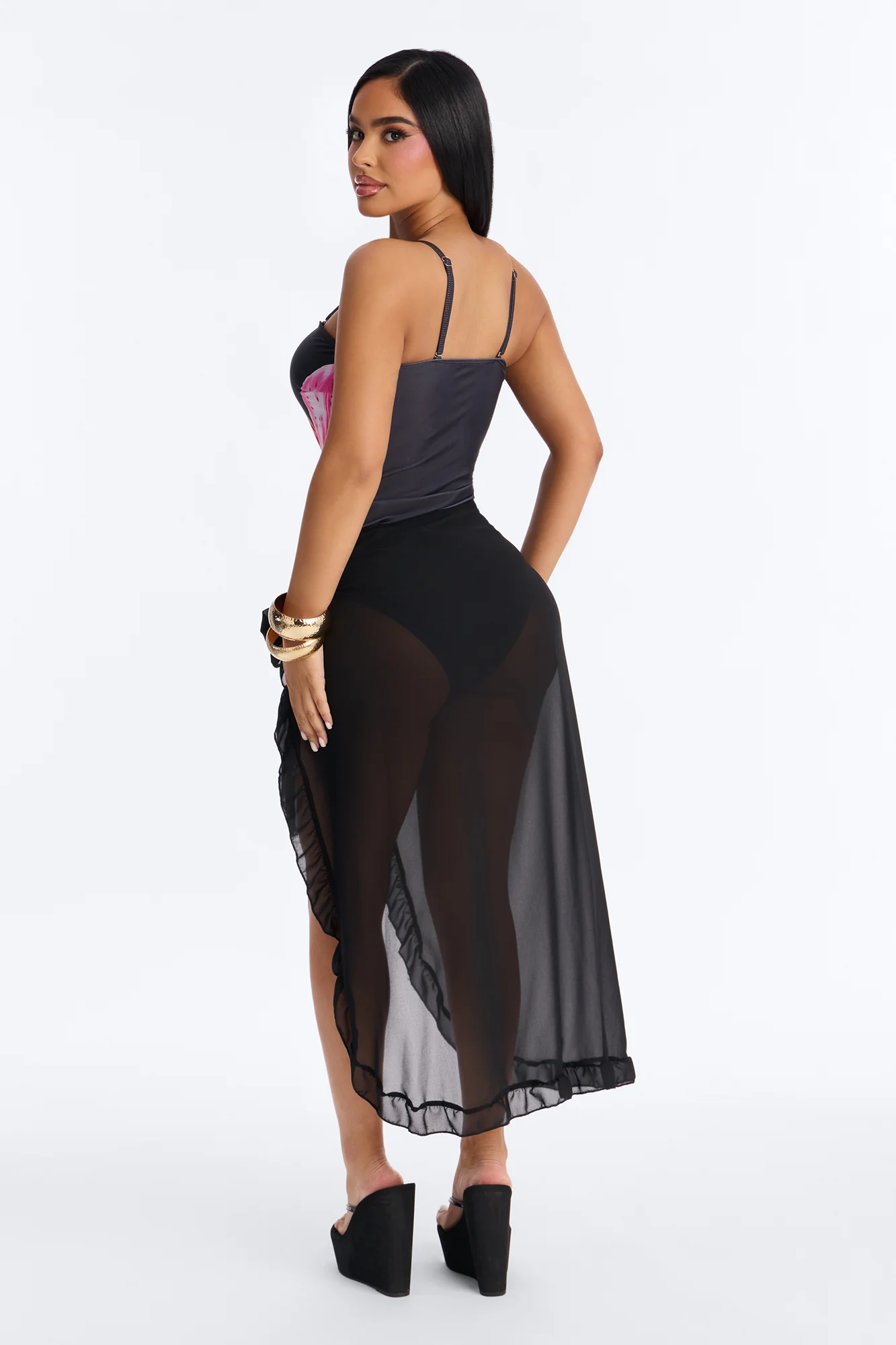 Beach Vibes Maxi Ruffle Trim Waist Tie Swim Cover Up Sarong - Black - Image 3