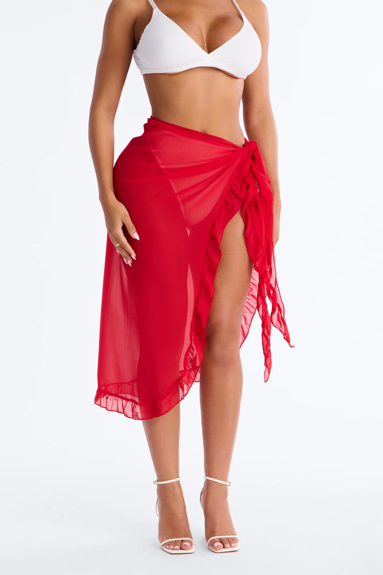 Beach Vibes Maxi Ruffle Trim Waist Tie Swim Cover Up Sarong - Red - Image 2
