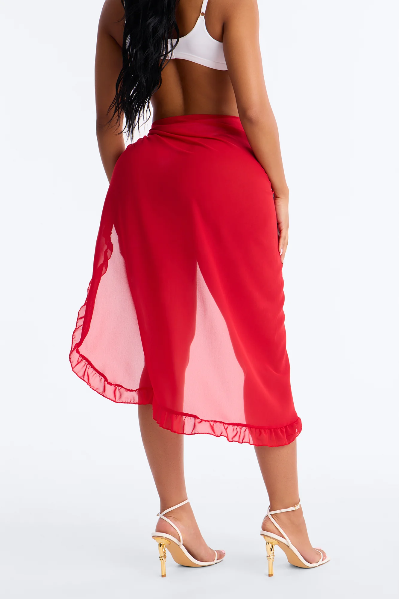Beach Vibes Maxi Ruffle Trim Waist Tie Swim Cover Up Sarong - Red - Image 4