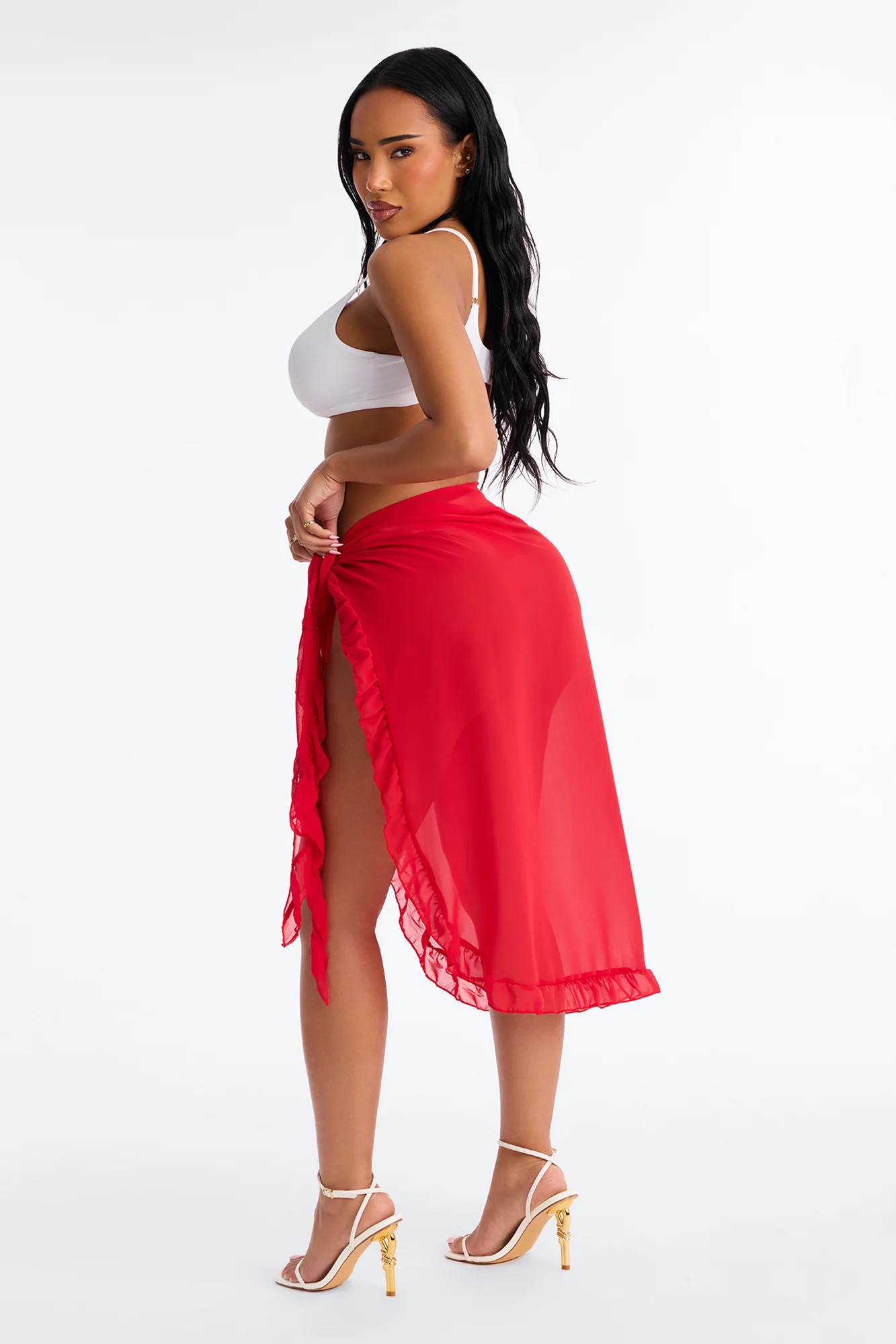Beach Vibes Maxi Ruffle Trim Waist Tie Swim Cover Up Sarong - Red - Image 5