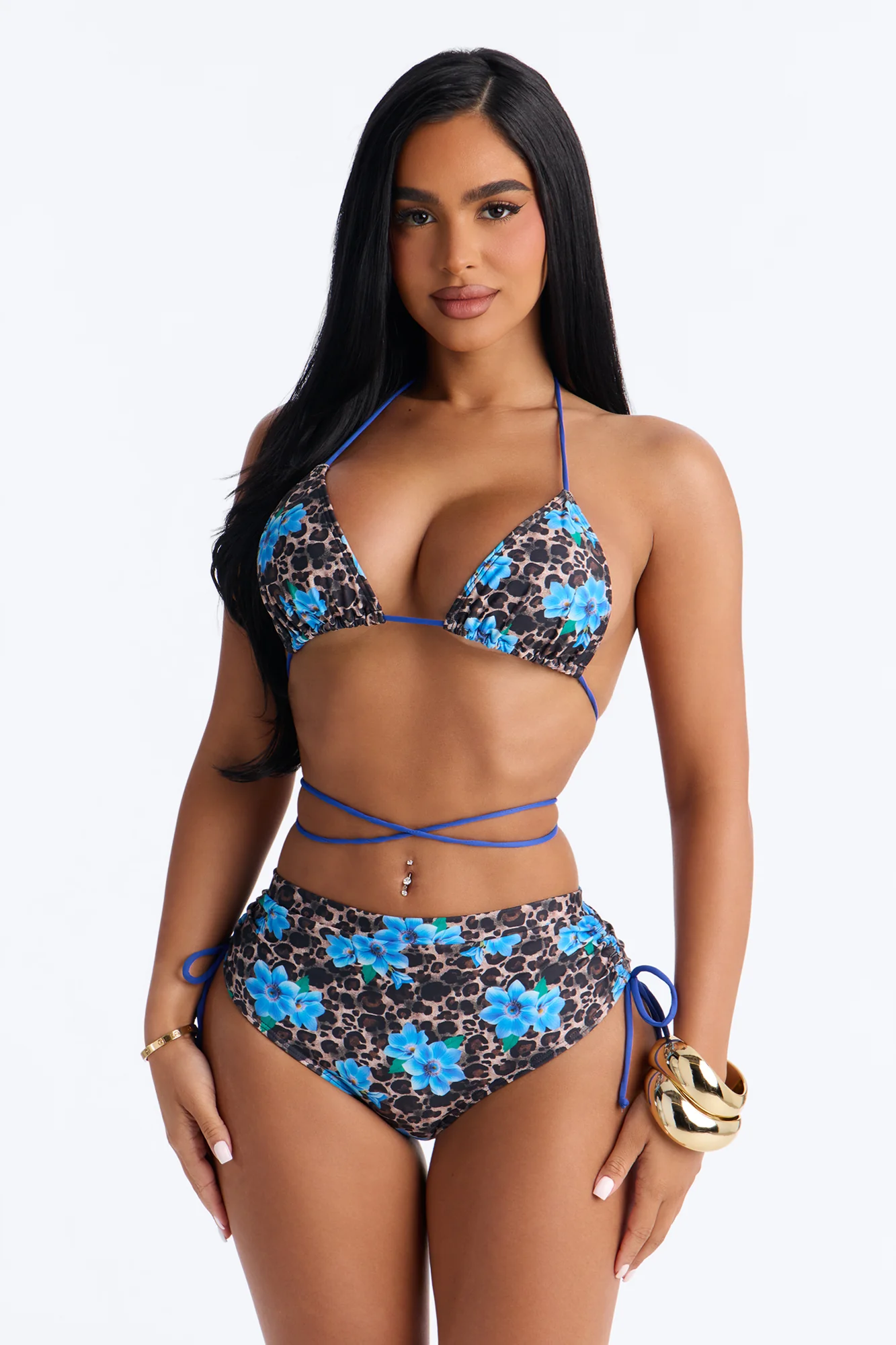 Beating The Heat Floral Leopard Strappy Ties High Waist 2 Piece Bikini - Blue/combo