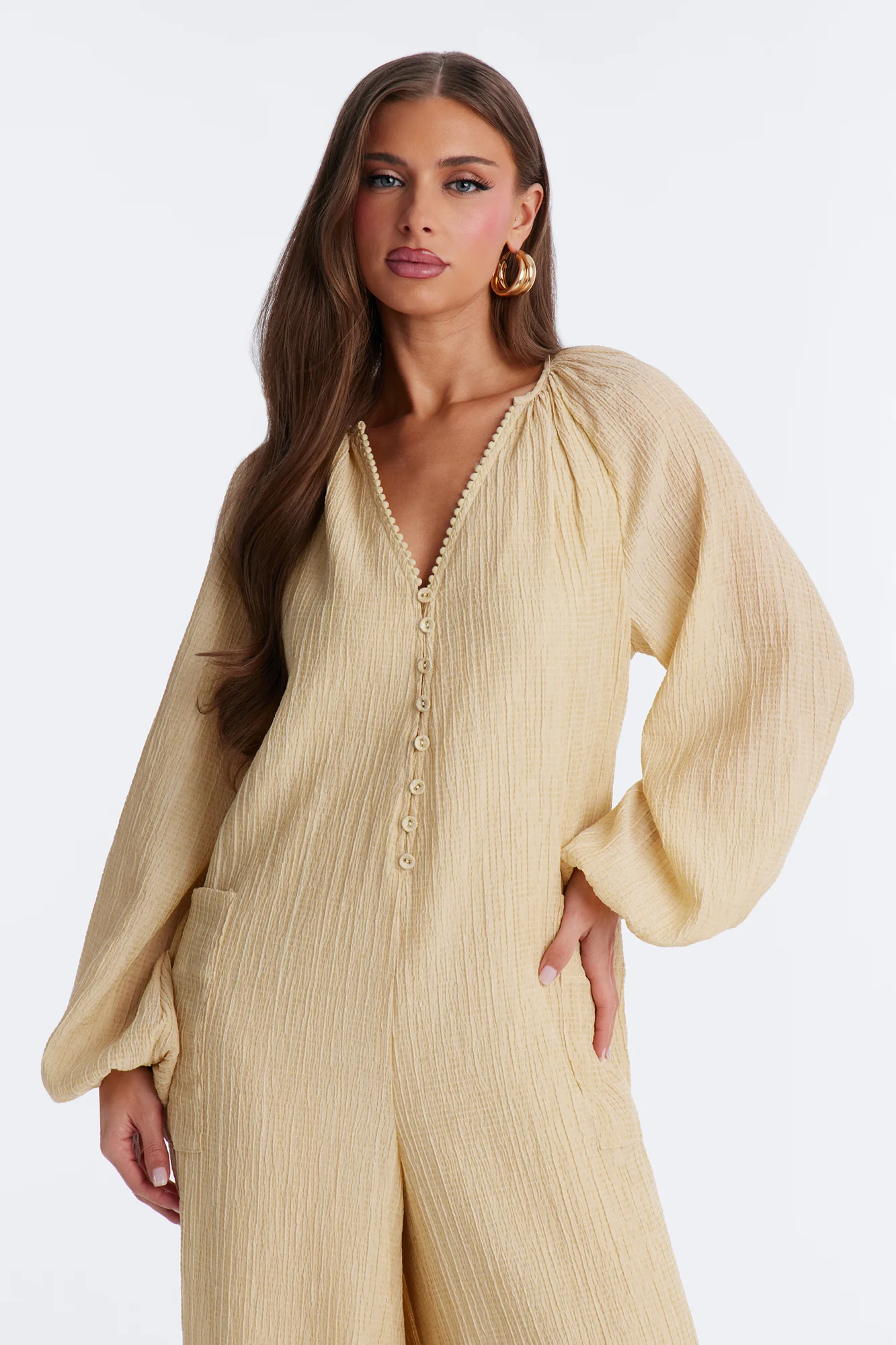 Bec Long Sleeve Balloon Wide Leg Jumpsuit - Yellow - Image 2