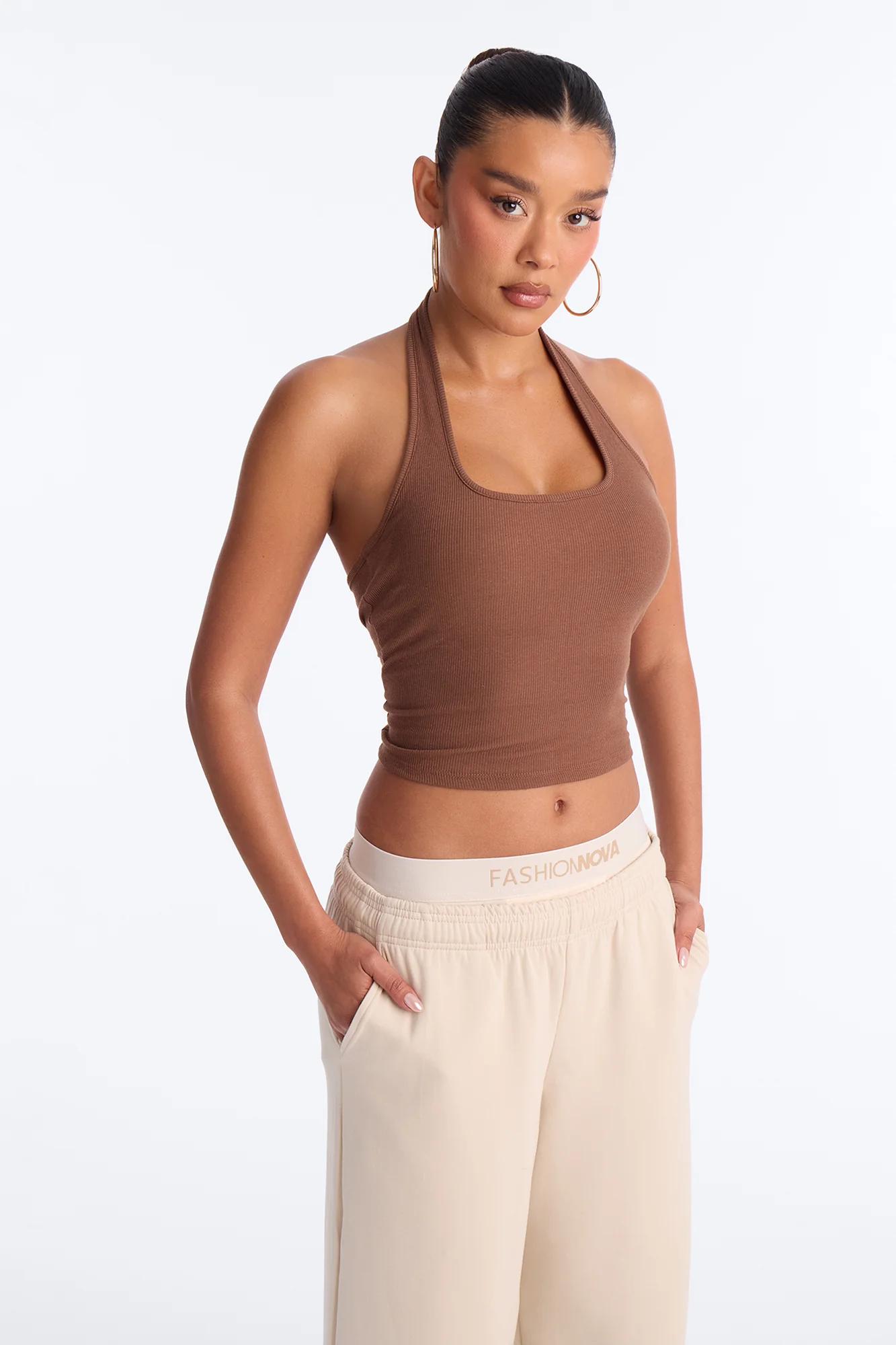 Becca Ribbed Built in Halter Top - Coco