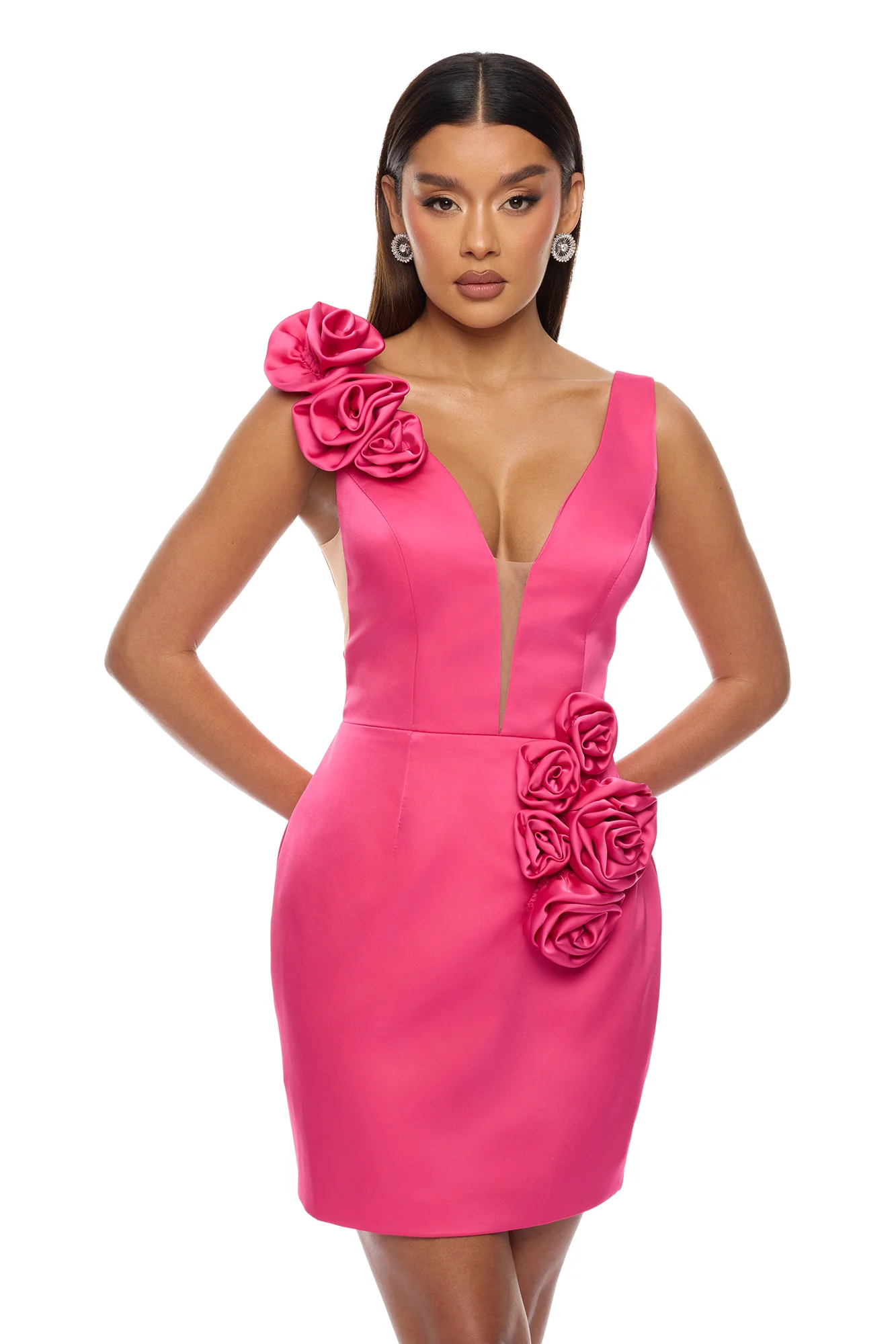 Bed Of Roses Floral Applique Satin Mini Dress - Hot Pink
