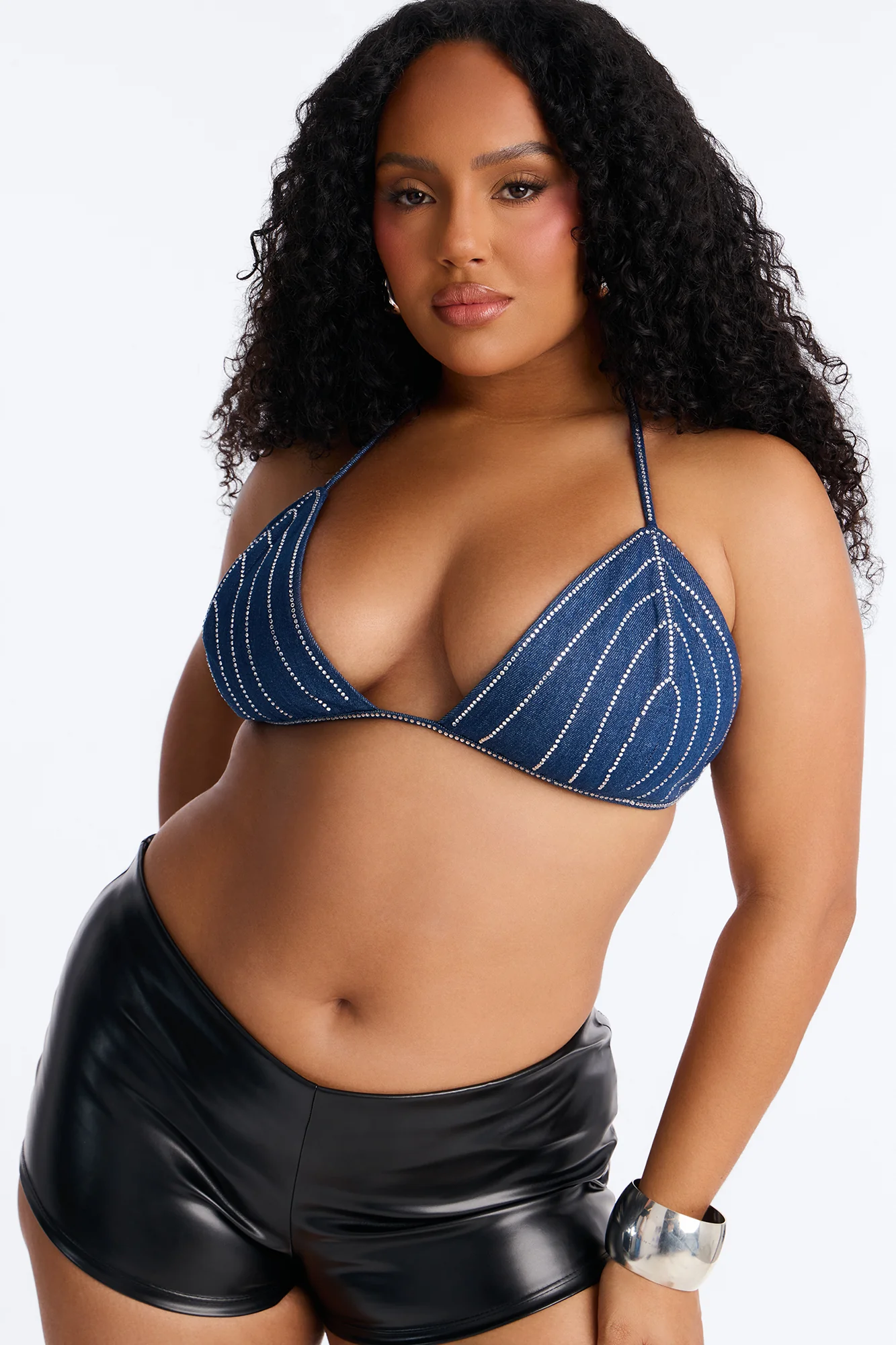 Bedazzled Everything Rhinestone Denim Bra Top - Dark Wash - Image 5