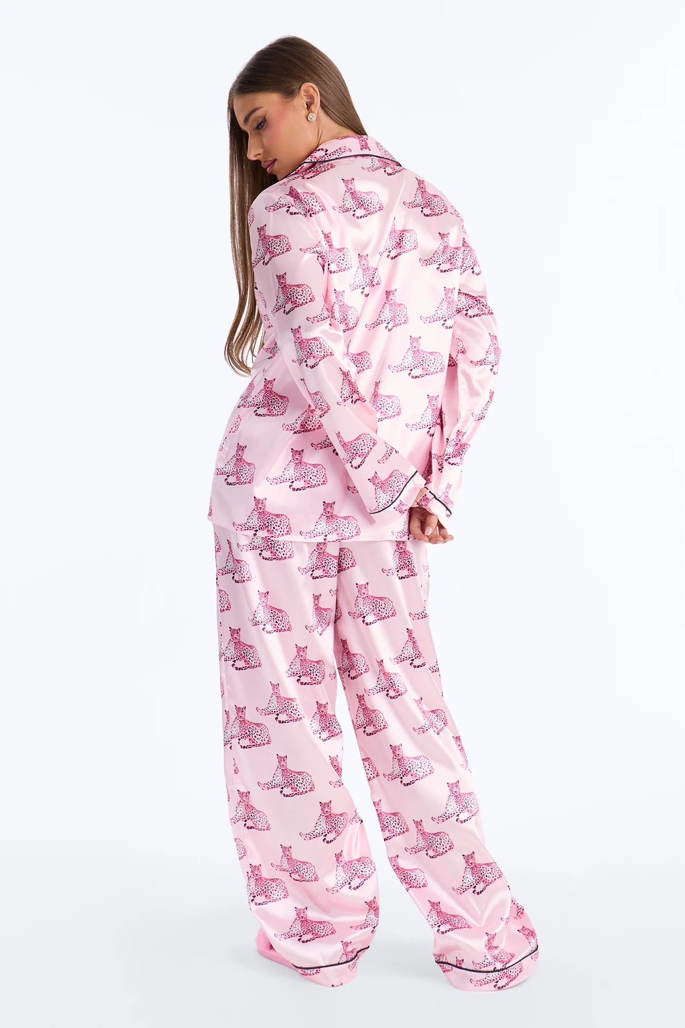 Bedtime Stretch Satin Long Sleeve PJ Pant Set - Pink/Pink - Image 4