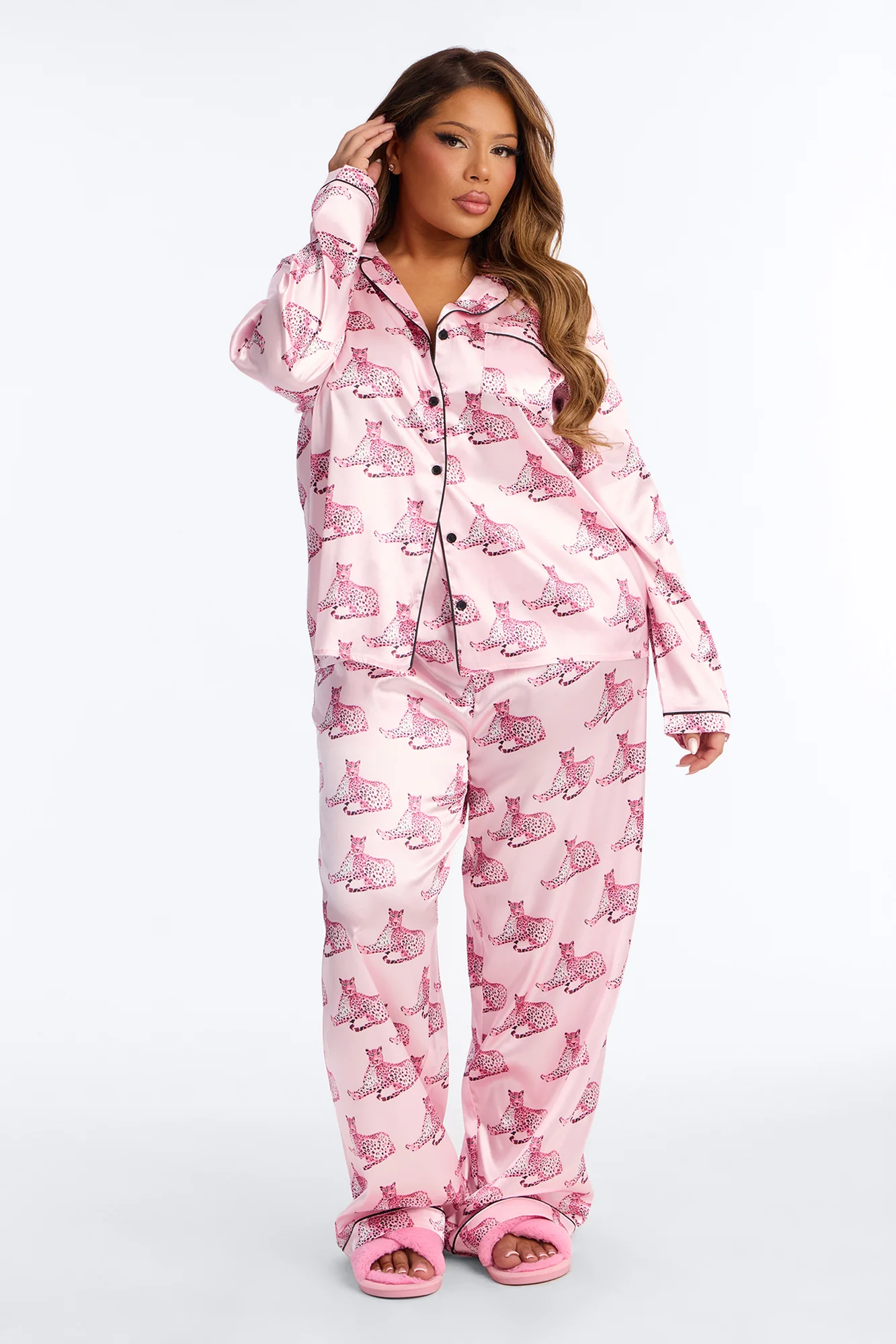Bedtime Stretch Satin Long Sleeve PJ Pant Set - Pink/Pink - Image 5