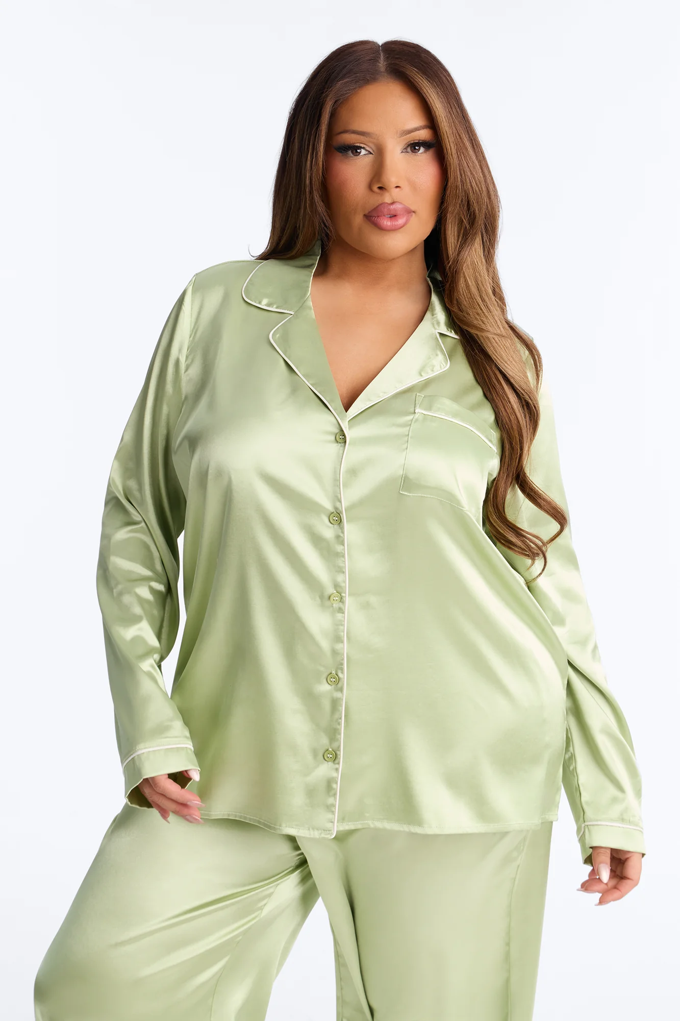 Bedtime Stretch Satin Long Sleeve PJ Pant Set - Sage - Image 6
