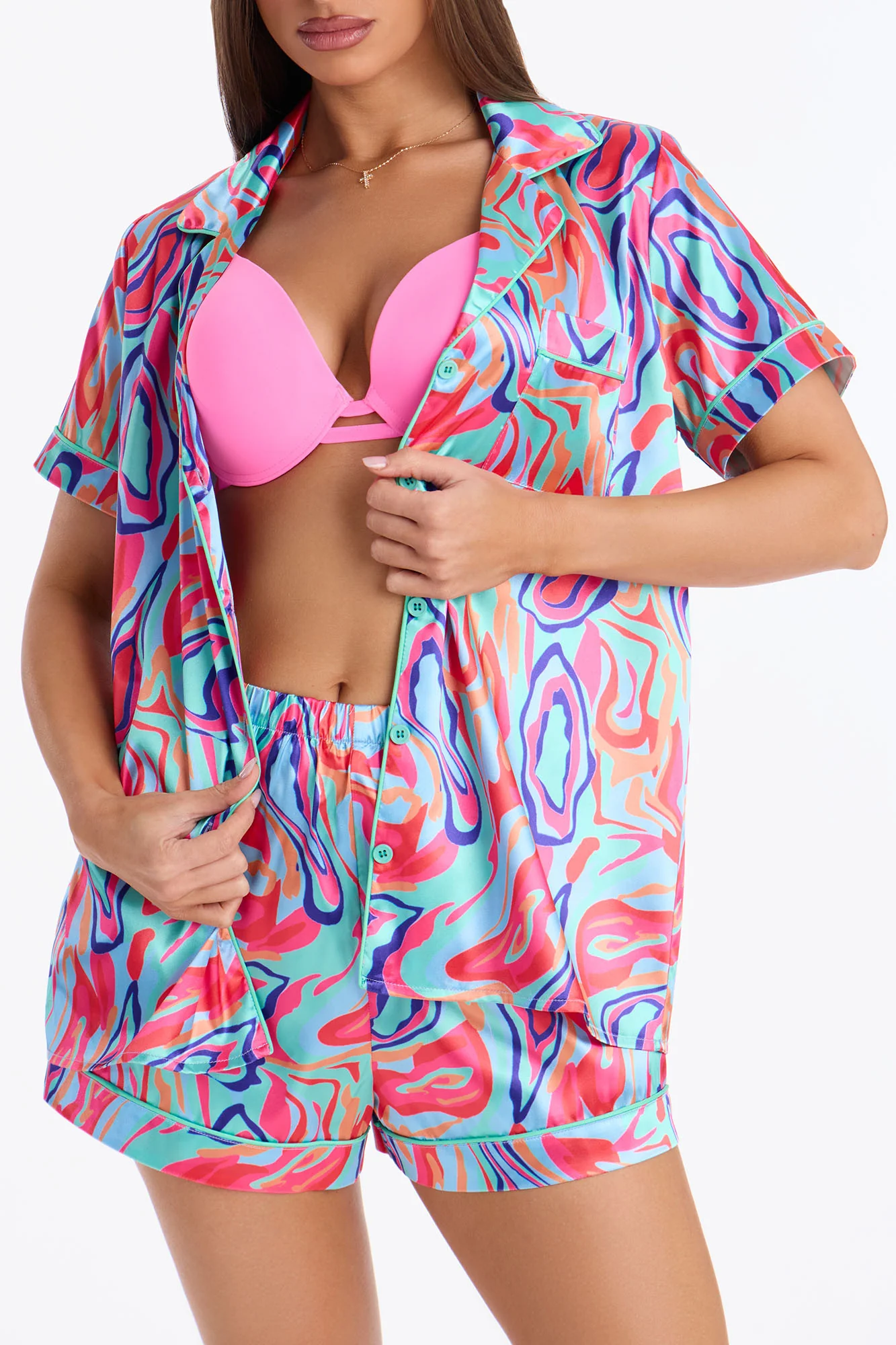 Bedtime Stretch Satin Short Sleeve PJ Short Set - Multi Color - Image 2