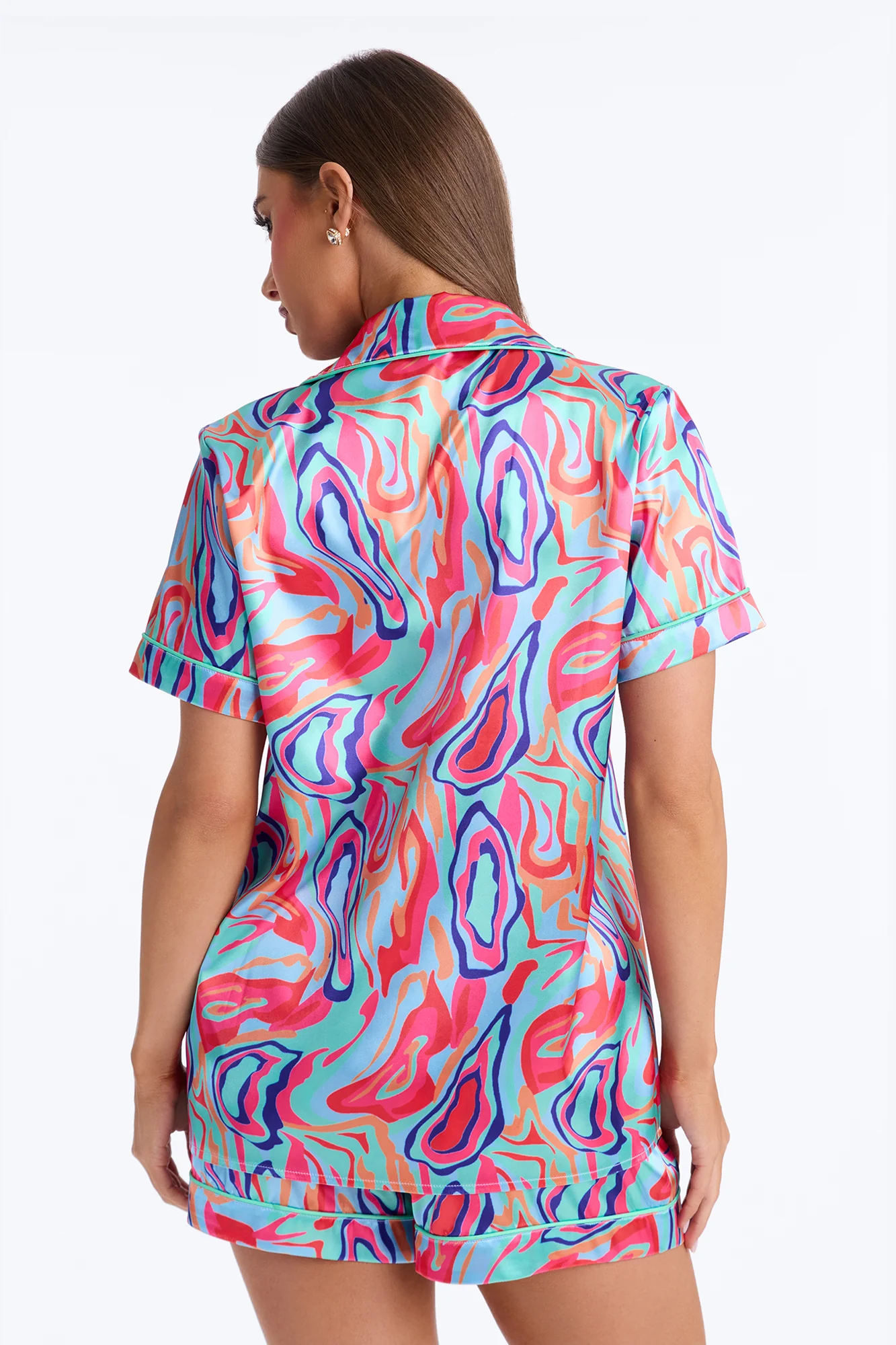 Bedtime Stretch Satin Short Sleeve PJ Short Set - Multi Color - Image 3