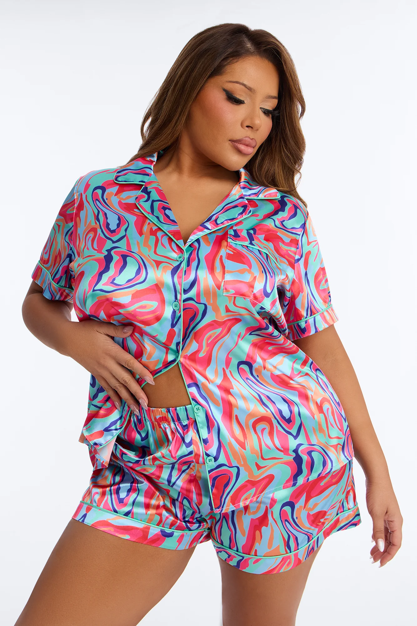 Bedtime Stretch Satin Short Sleeve PJ Short Set - Multi Color - Image 4