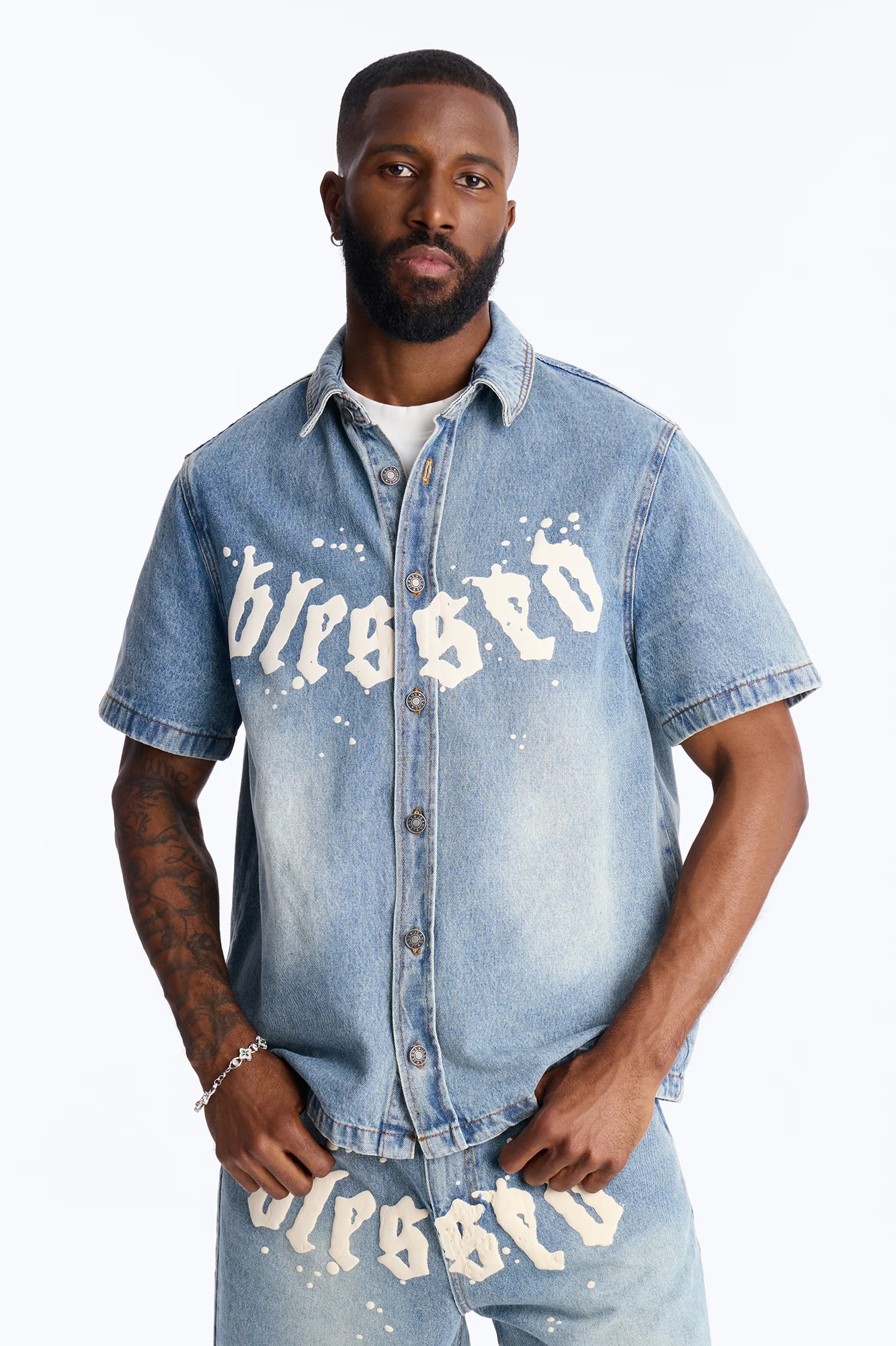 Been Blessed Denim Button Up Shirt - Medium Blue Wash