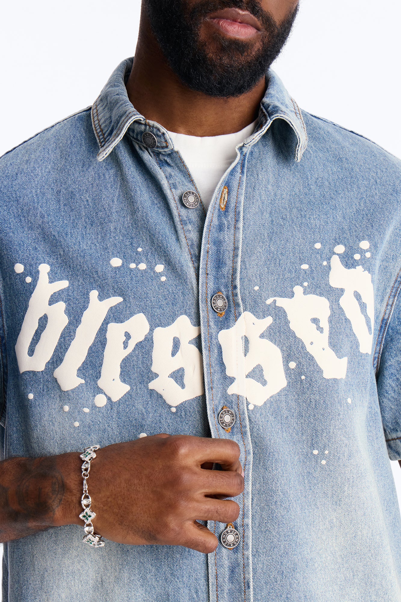 Been Blessed Denim Button Up Shirt - Medium Blue Wash - Image 3