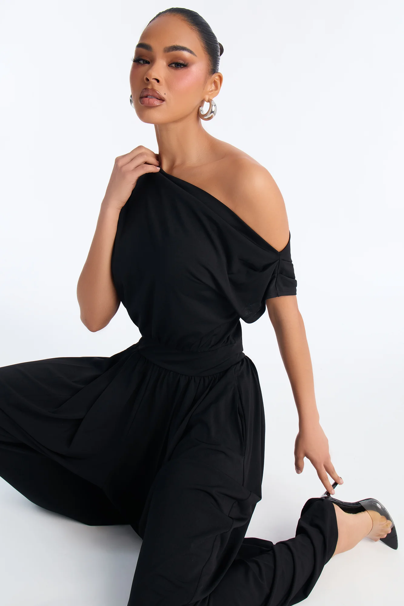 Belina Balloon Leg Off Shoulder Jumpsuit - Black - Image 2