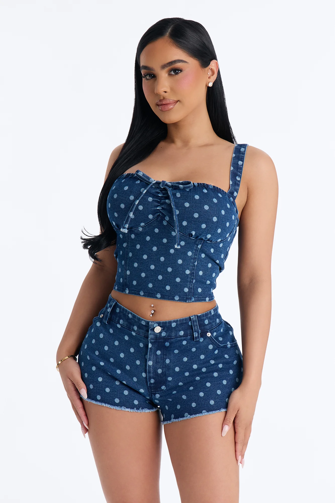 Bella Denim Corset Polka Dot Micro Short Set - Blue Wash