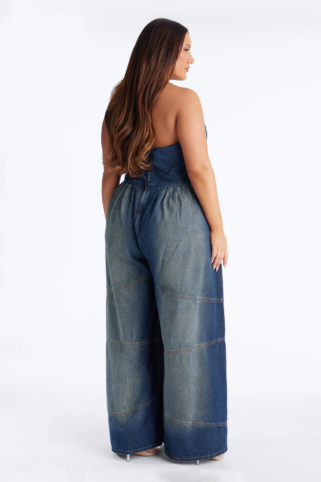 Bella Extreme Wide Leg Washed Denim Jumpsuit - Dark Wash - Image 8