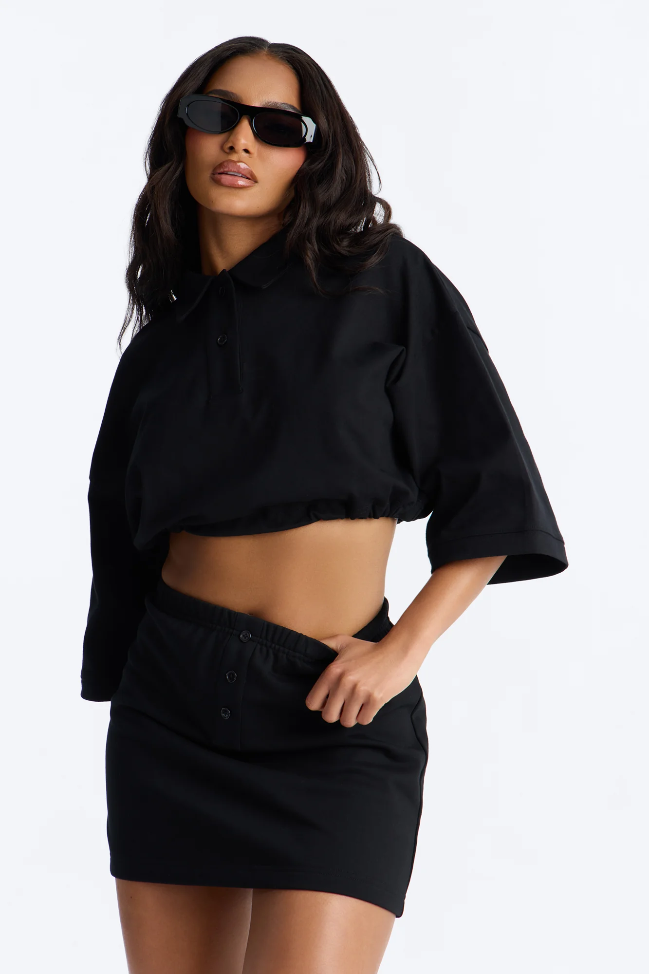 Bella French Terry Mini Skirt Set - Black - Image 2