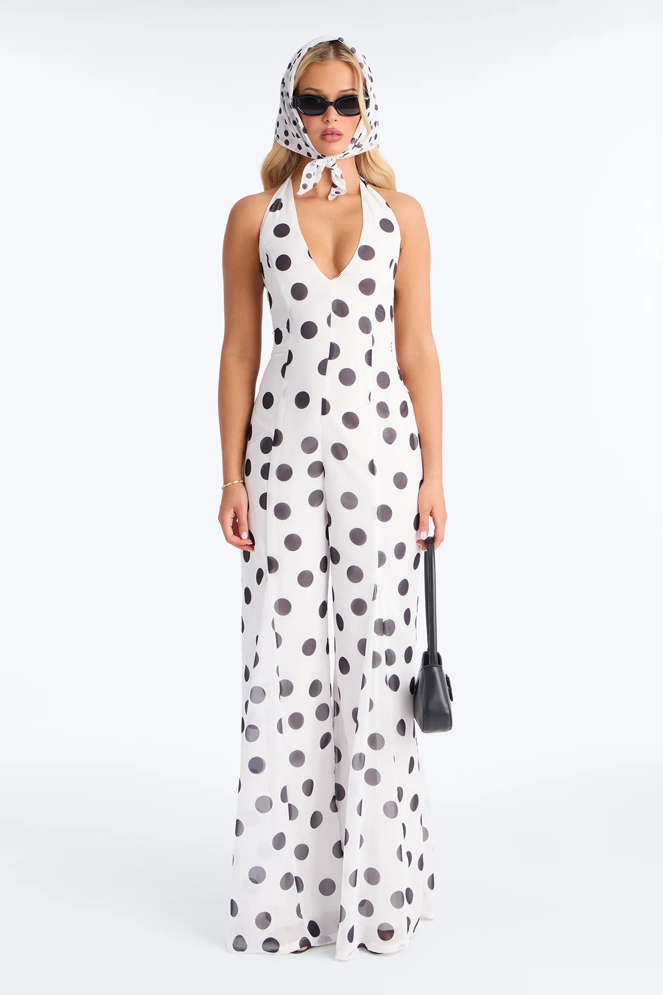 Bella Polka Dot Chiffon Headscarf And Jumpsuit - White/Black