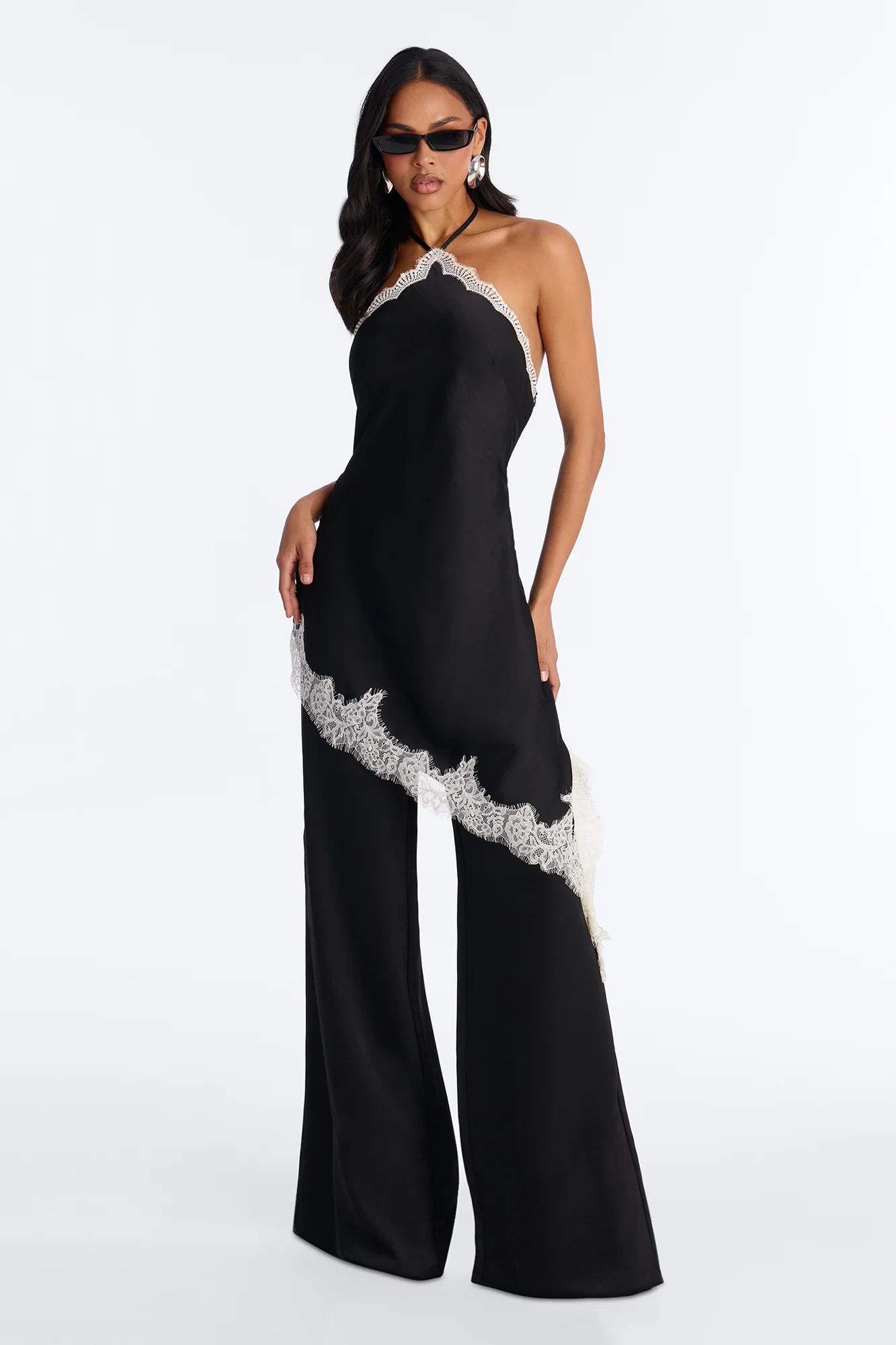 Bella Rose Draped Lace Trim Jumpsuit - Black