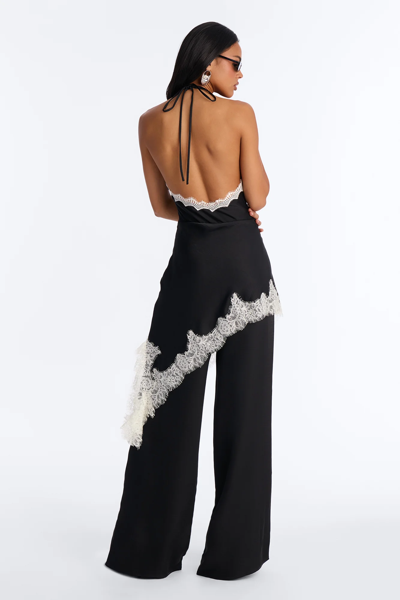 Bella Rose Draped Lace Trim Jumpsuit - Black - Image 4