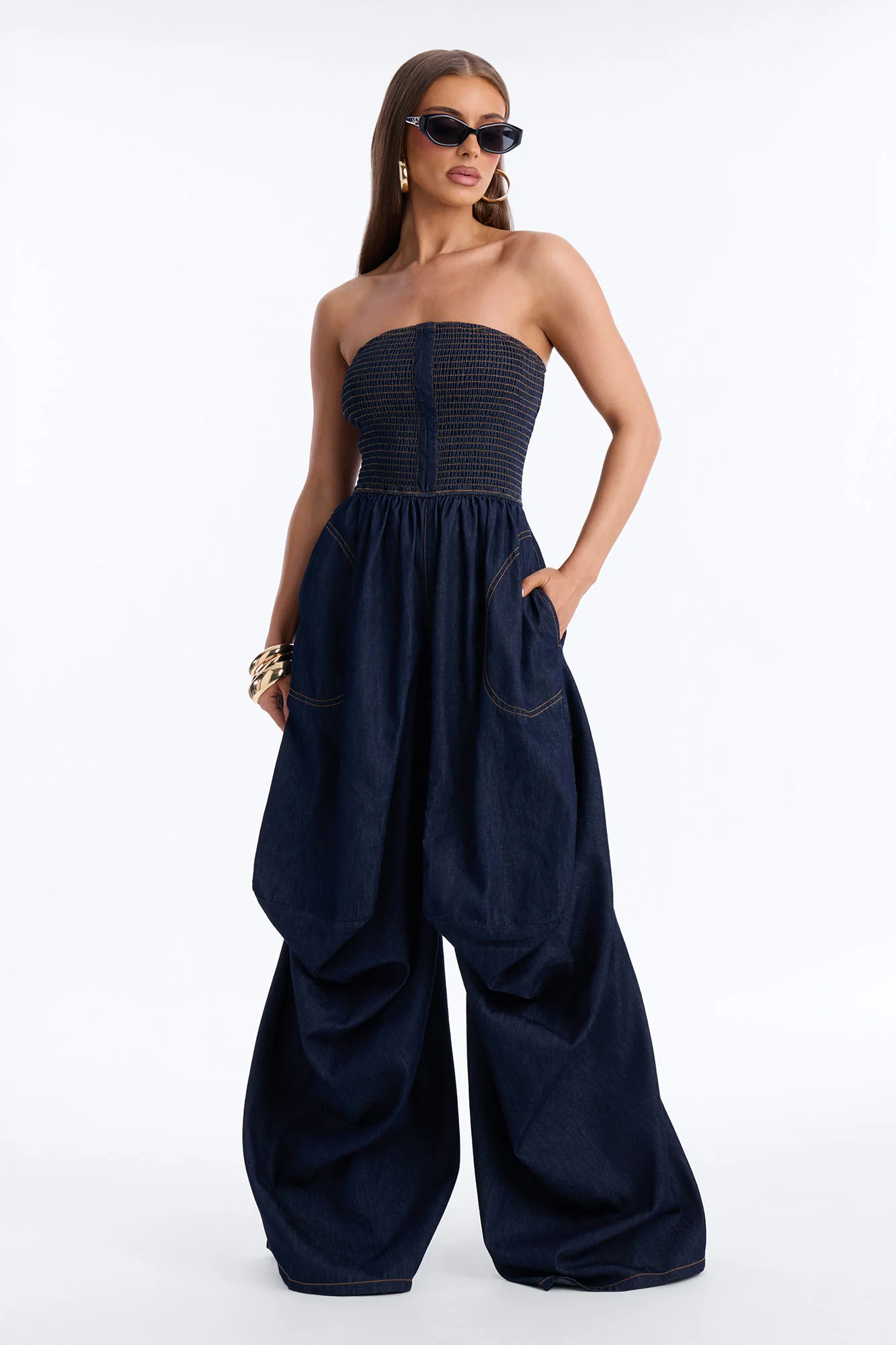 Bella Smocked Denim Jumpsuit - Dark Wash